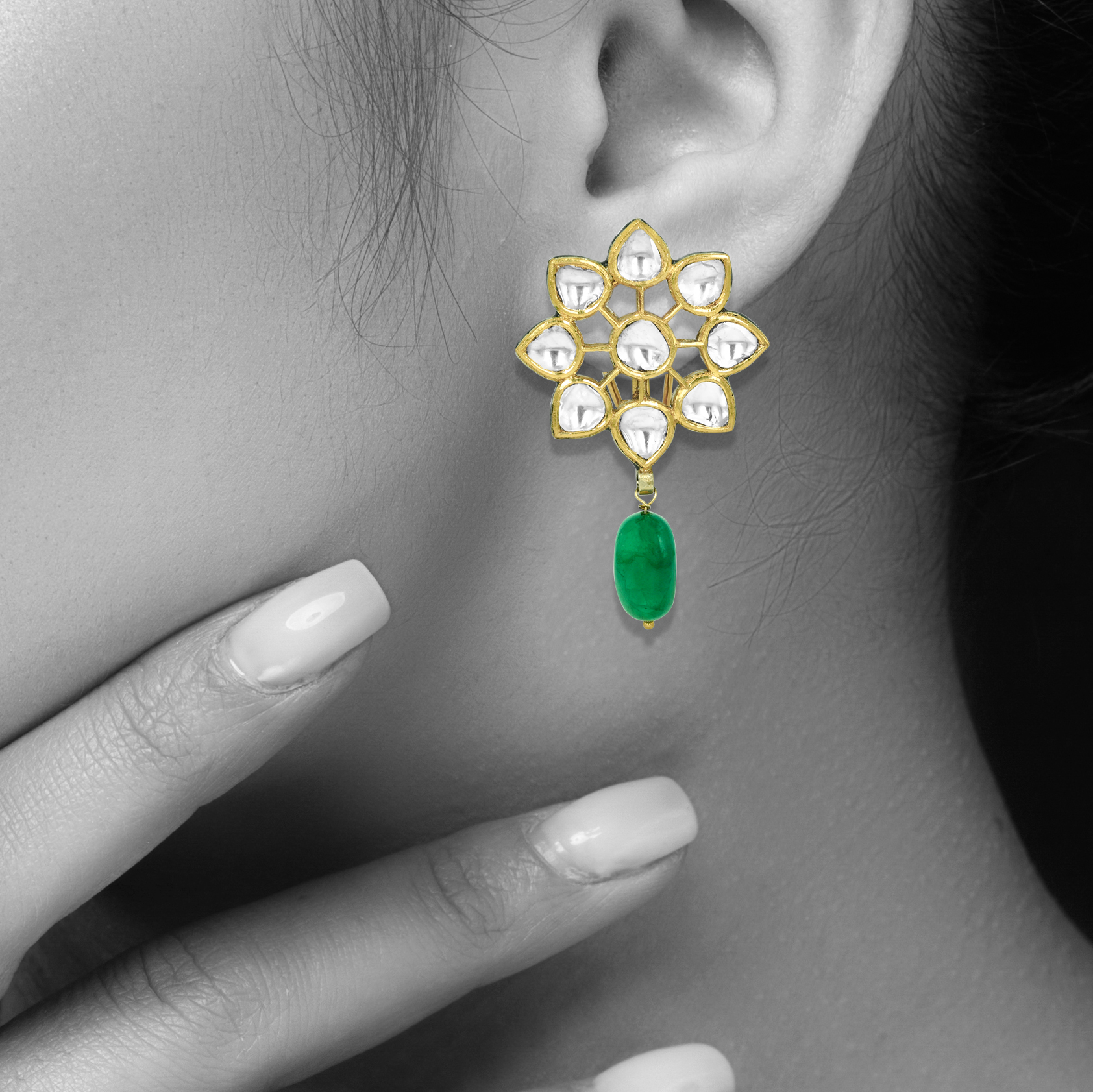Polki Floral Stud Earrings with Emerald Drop