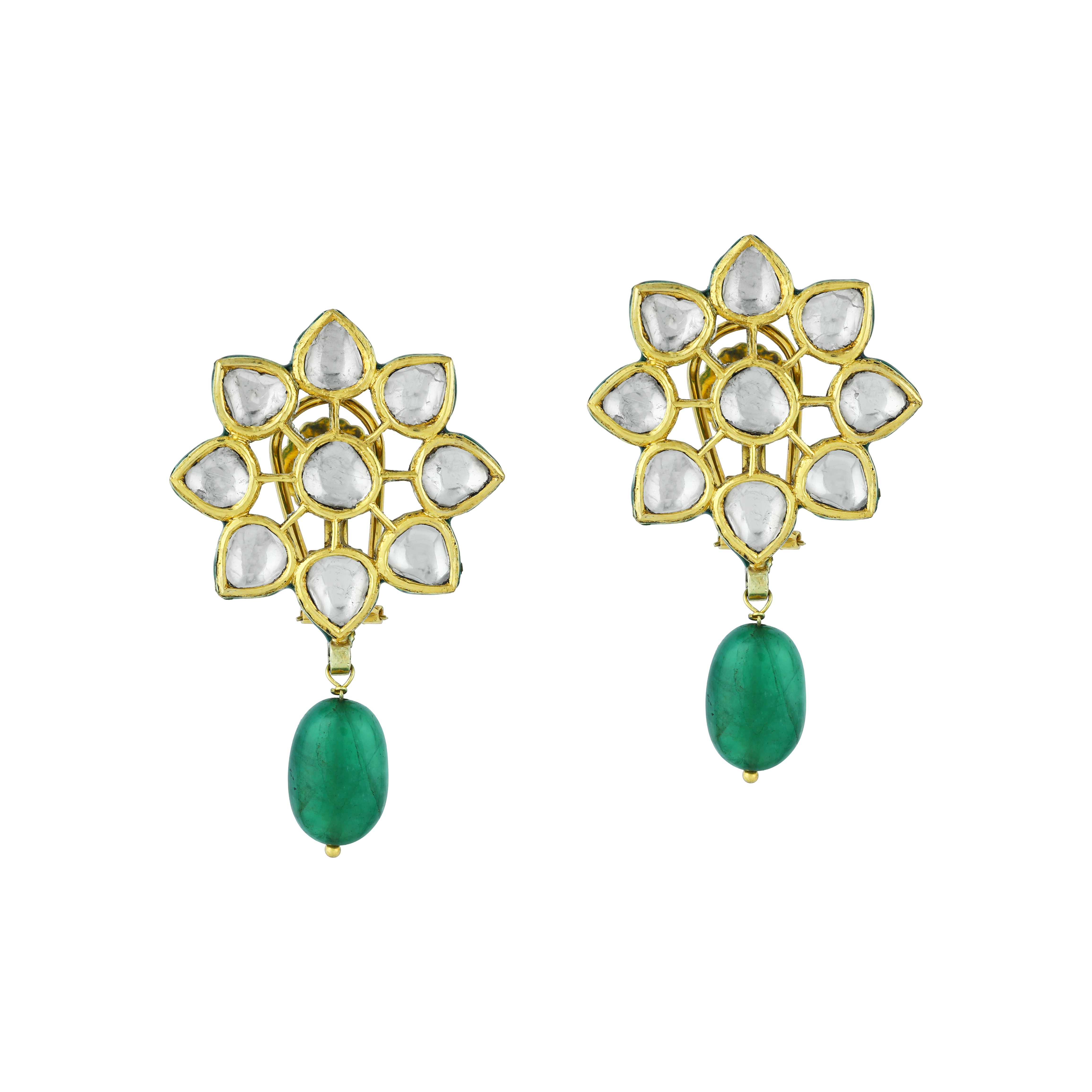 Polki Floral Stud Earrings with Emerald Drop