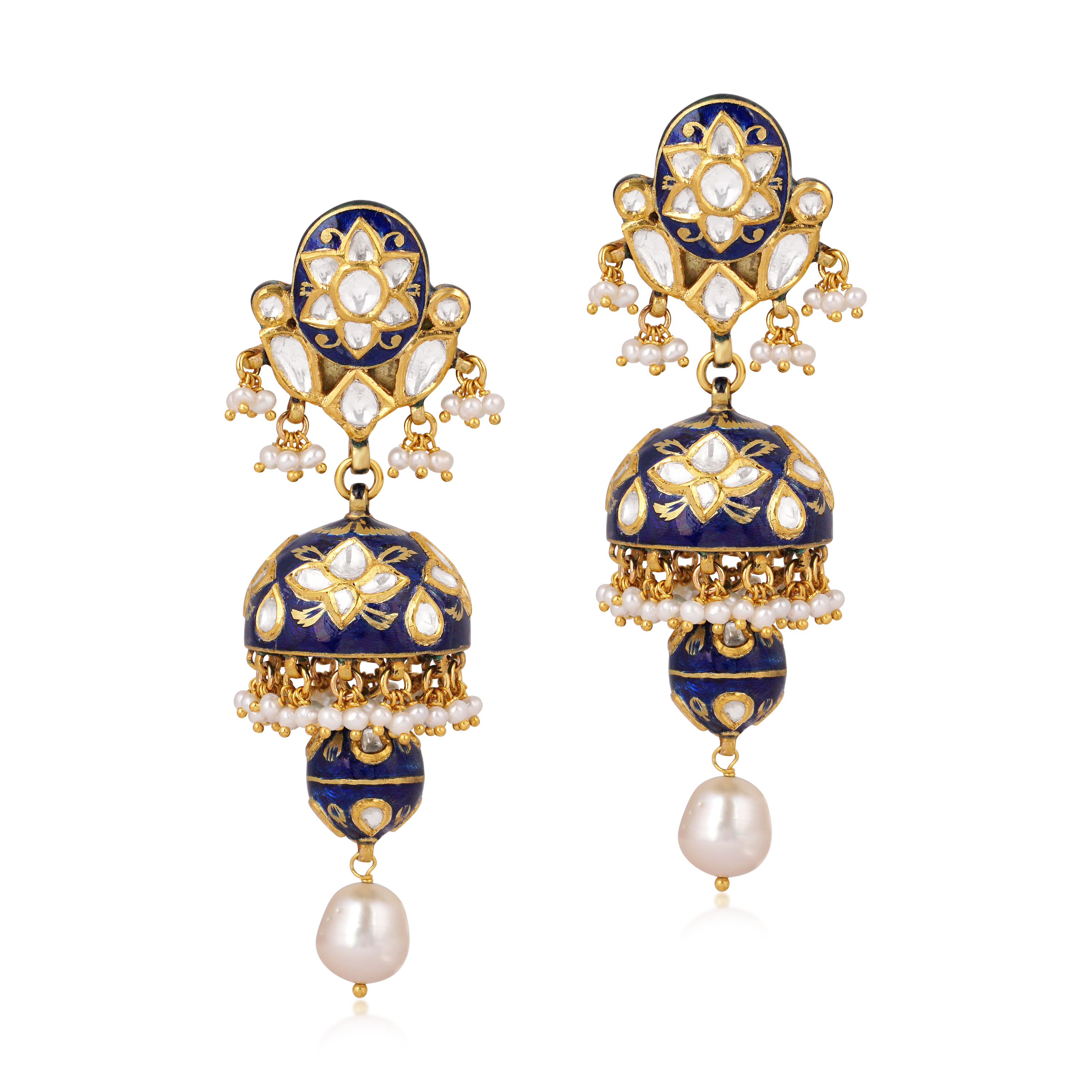 Indigo Enamel Jhumki Earrings with Polki and Pearl Drops