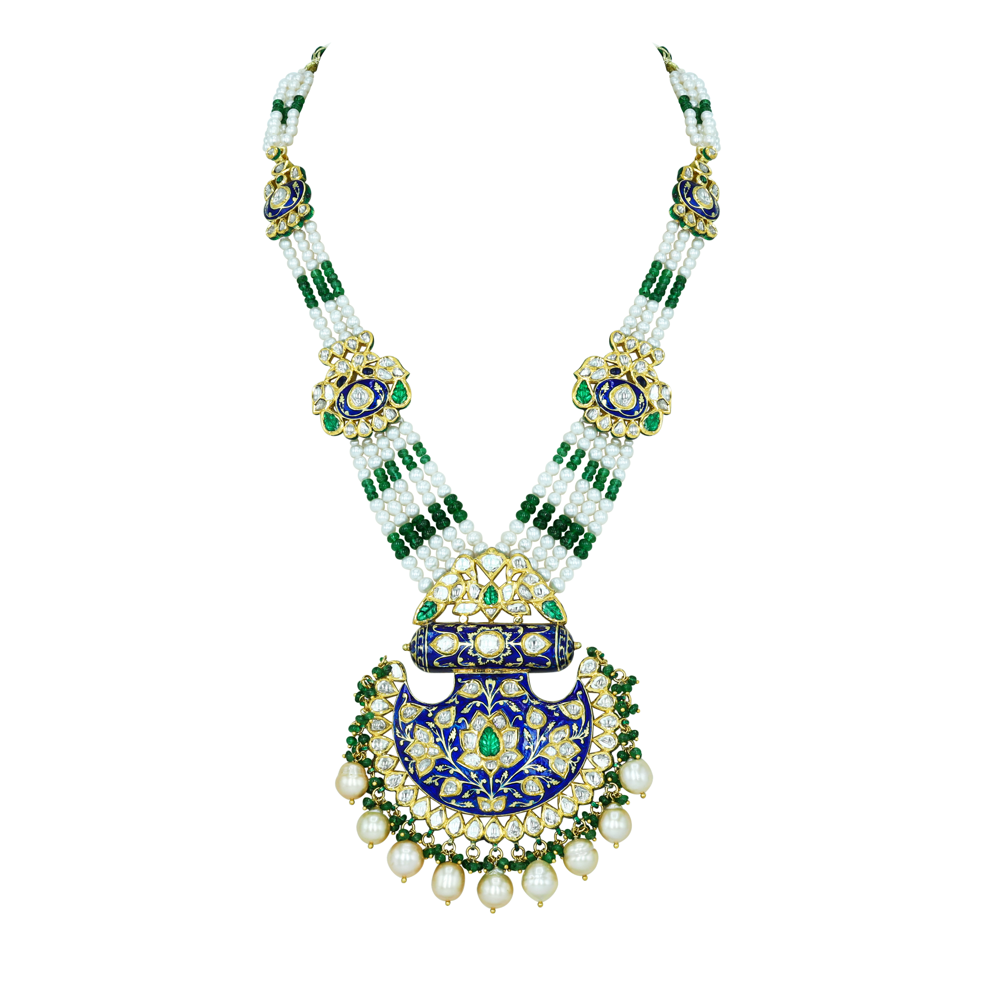 Pankhi-Style Polki Necklace with Blue Enamel and Emerald Accents