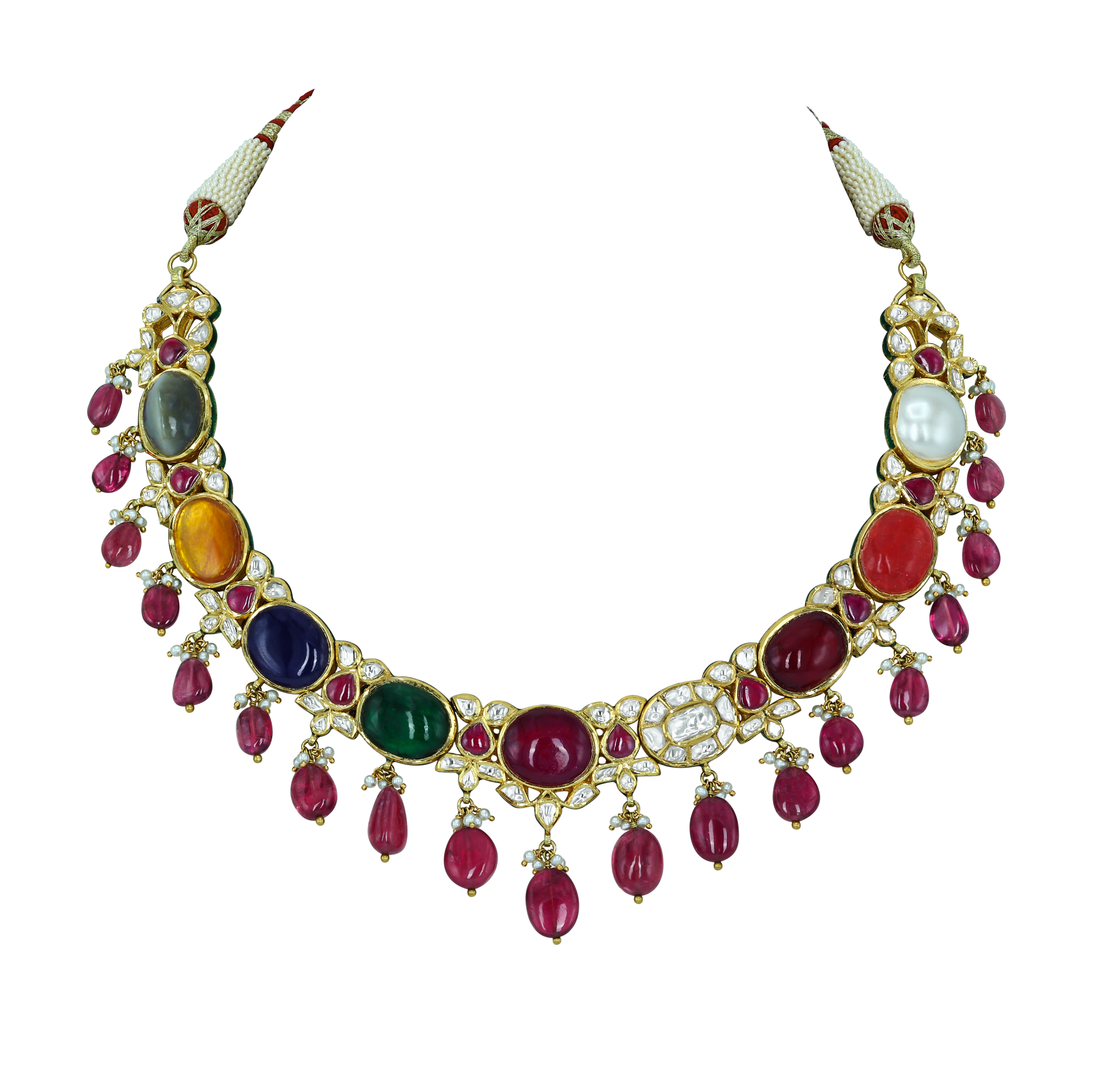 Navratan Necklace with Polki Diamonds and Ruby Drops