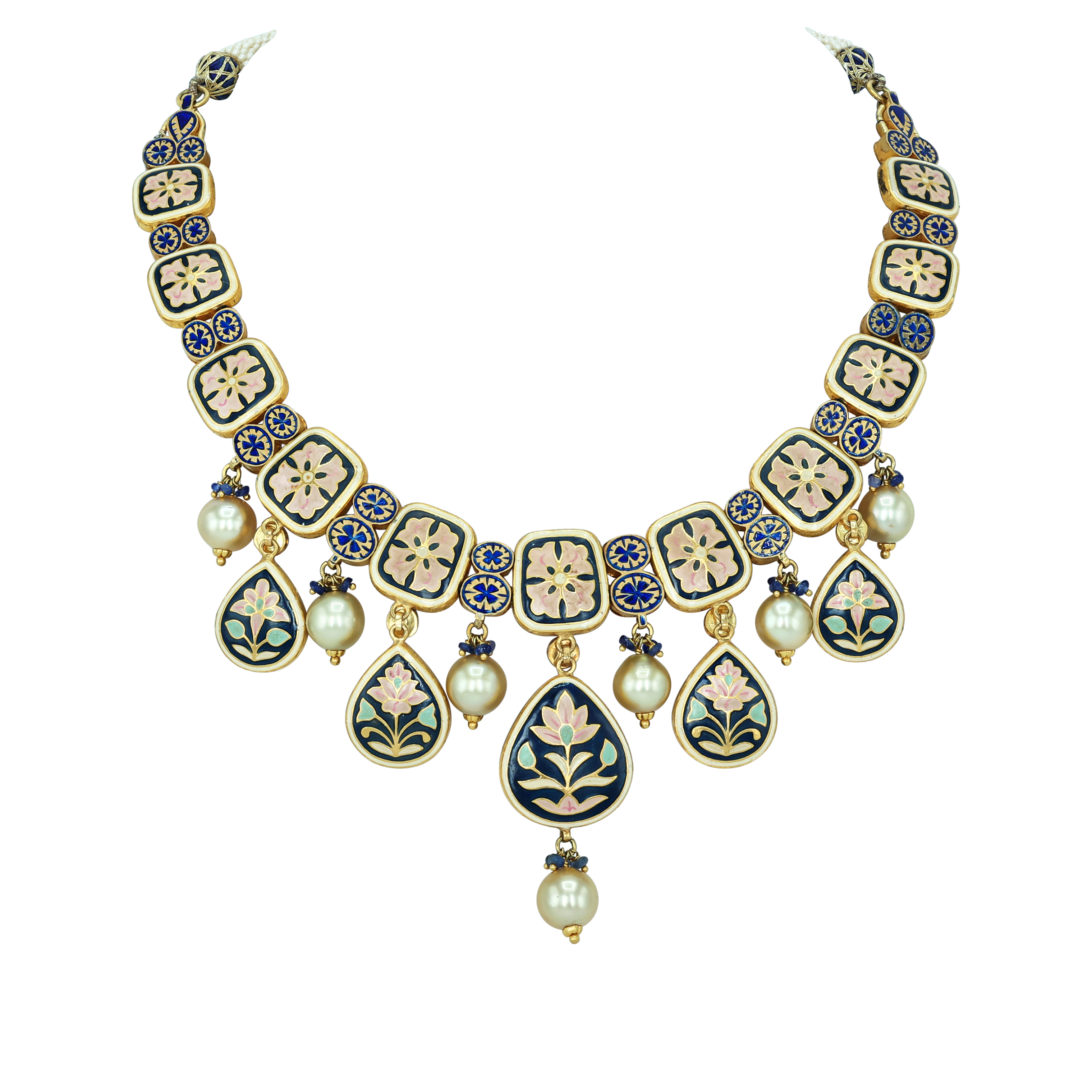 Black Inlay Polki Set with Green Enamel and Pearl Drops