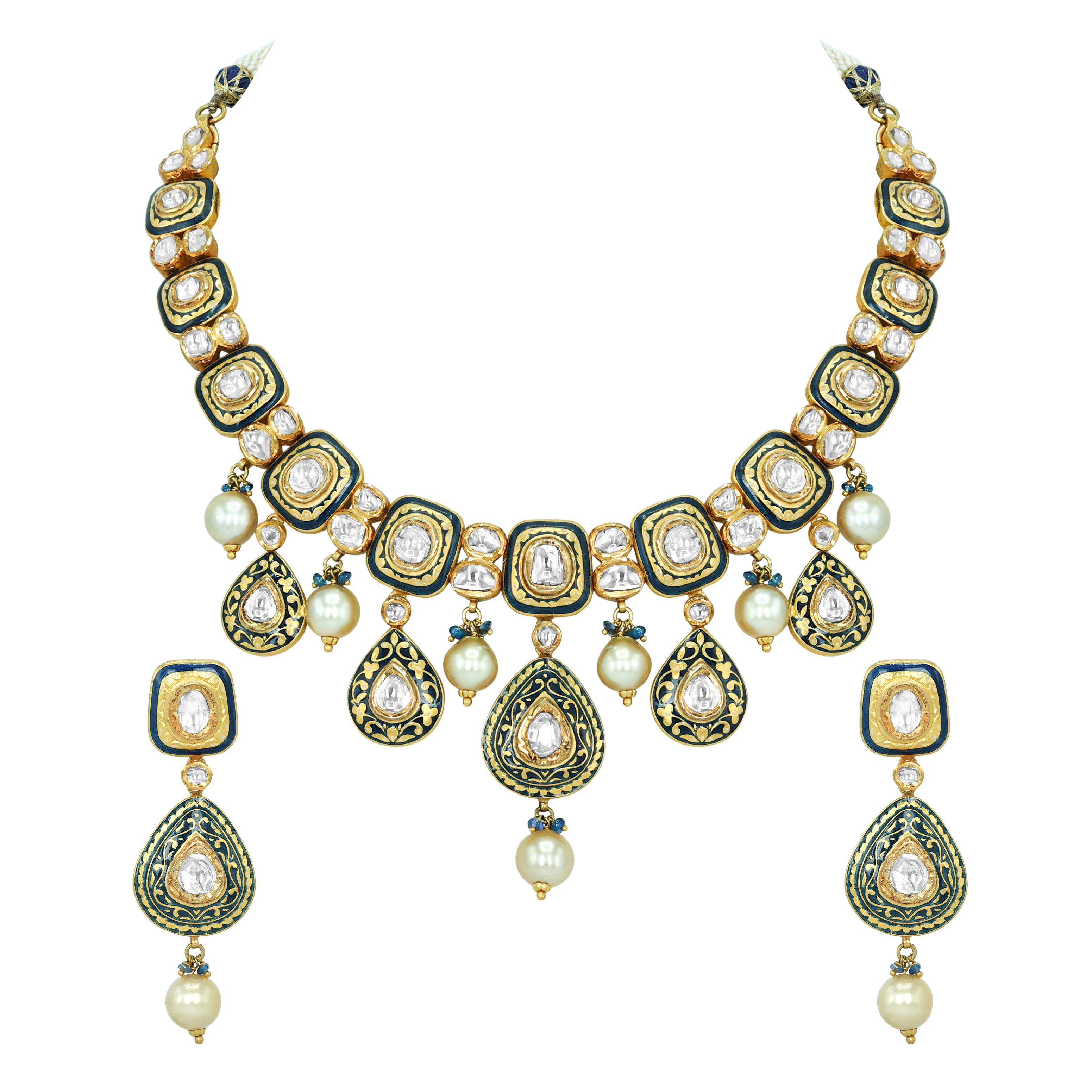 Black Inlay Polki Set with Green Enamel and Pearl Drops