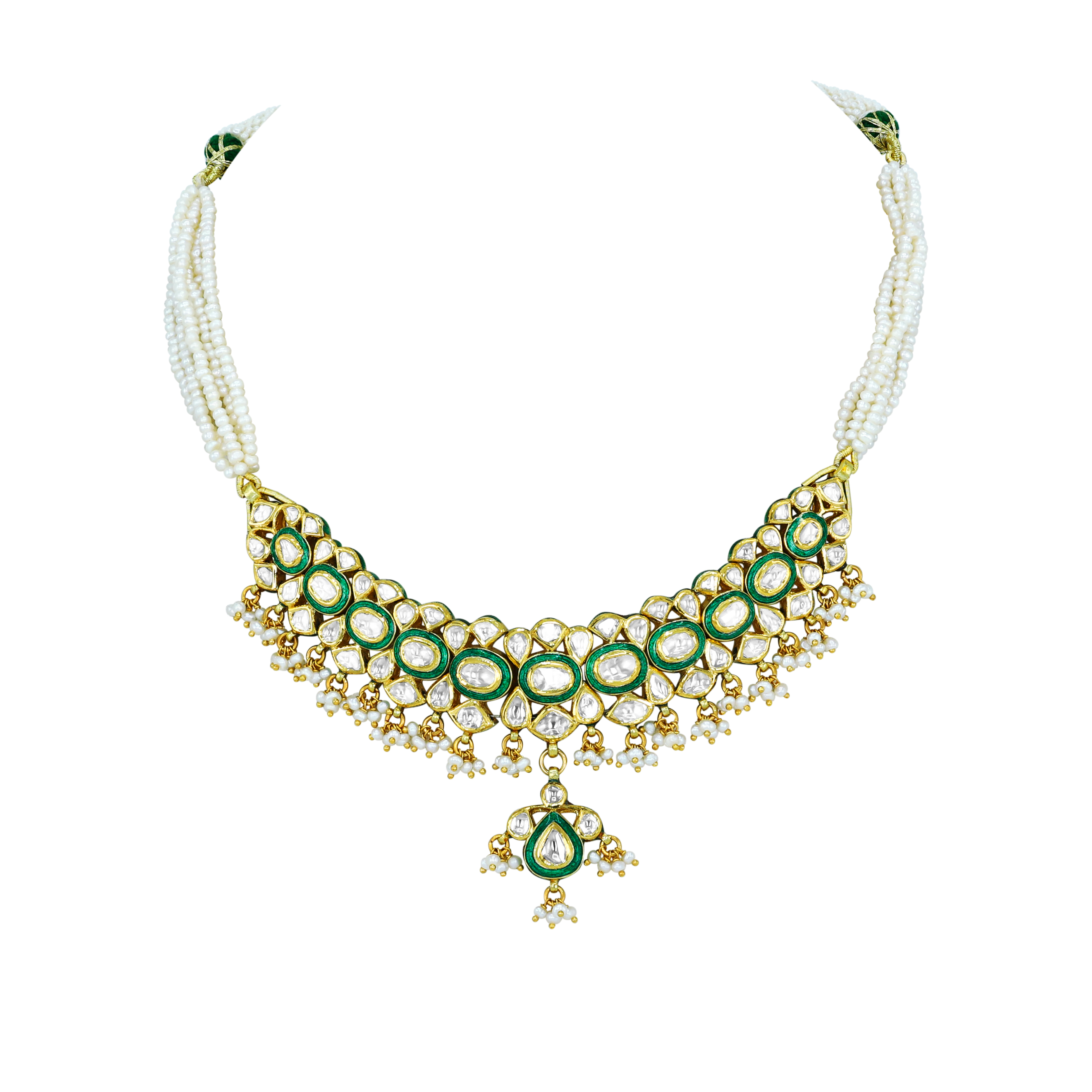 Polki Necklace with Green Enamel and Pearls