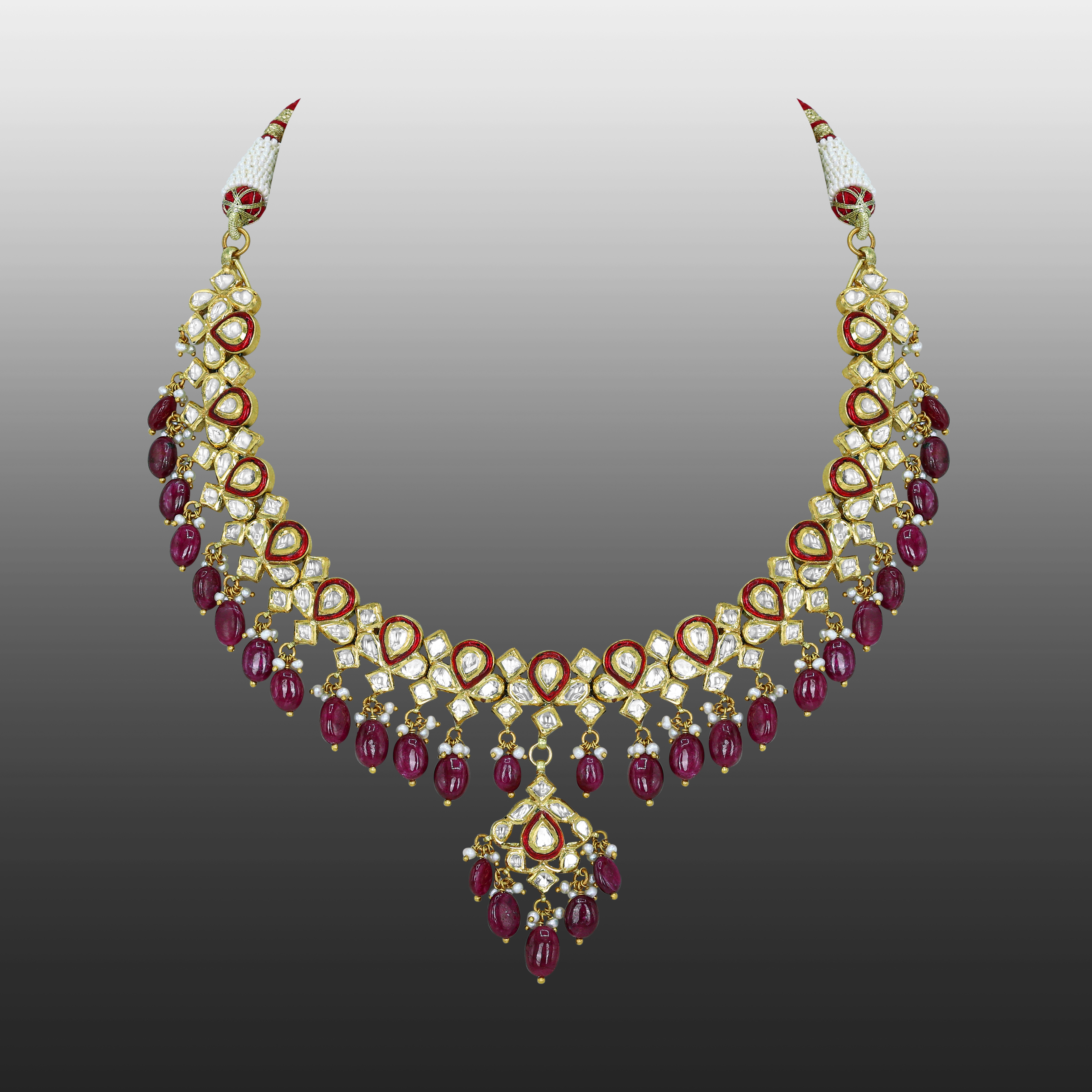 Polki Necklace with Red Enamel and Ruby Drops