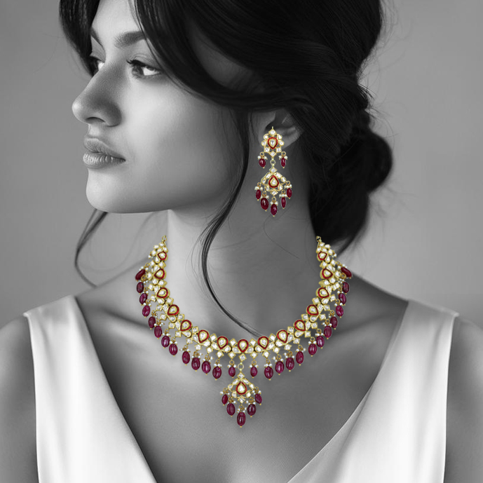 Polki Necklace with Red Enamel and Ruby Drops