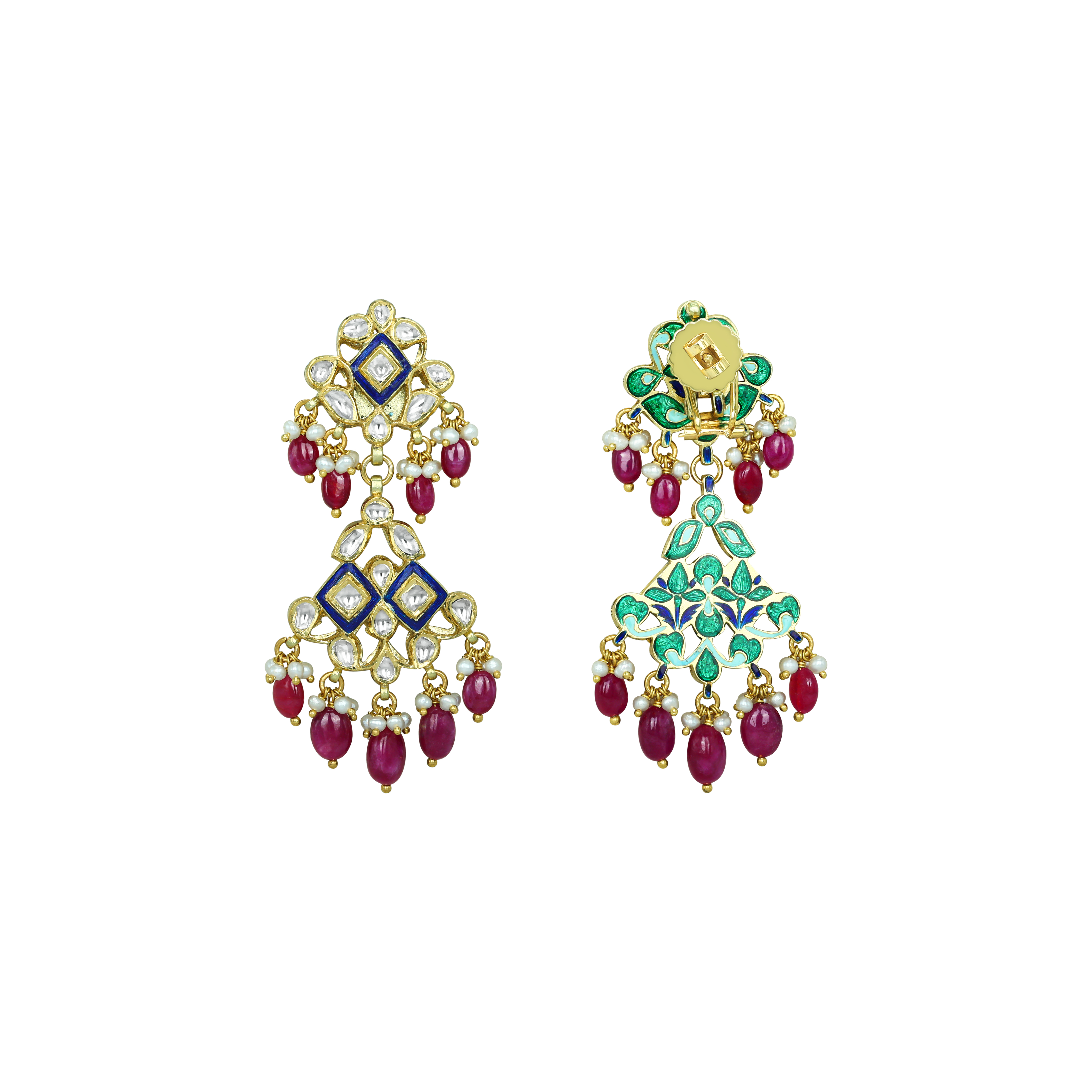 Cascading Polki Earrings with Blue Enamel, Ruby, and Pearls