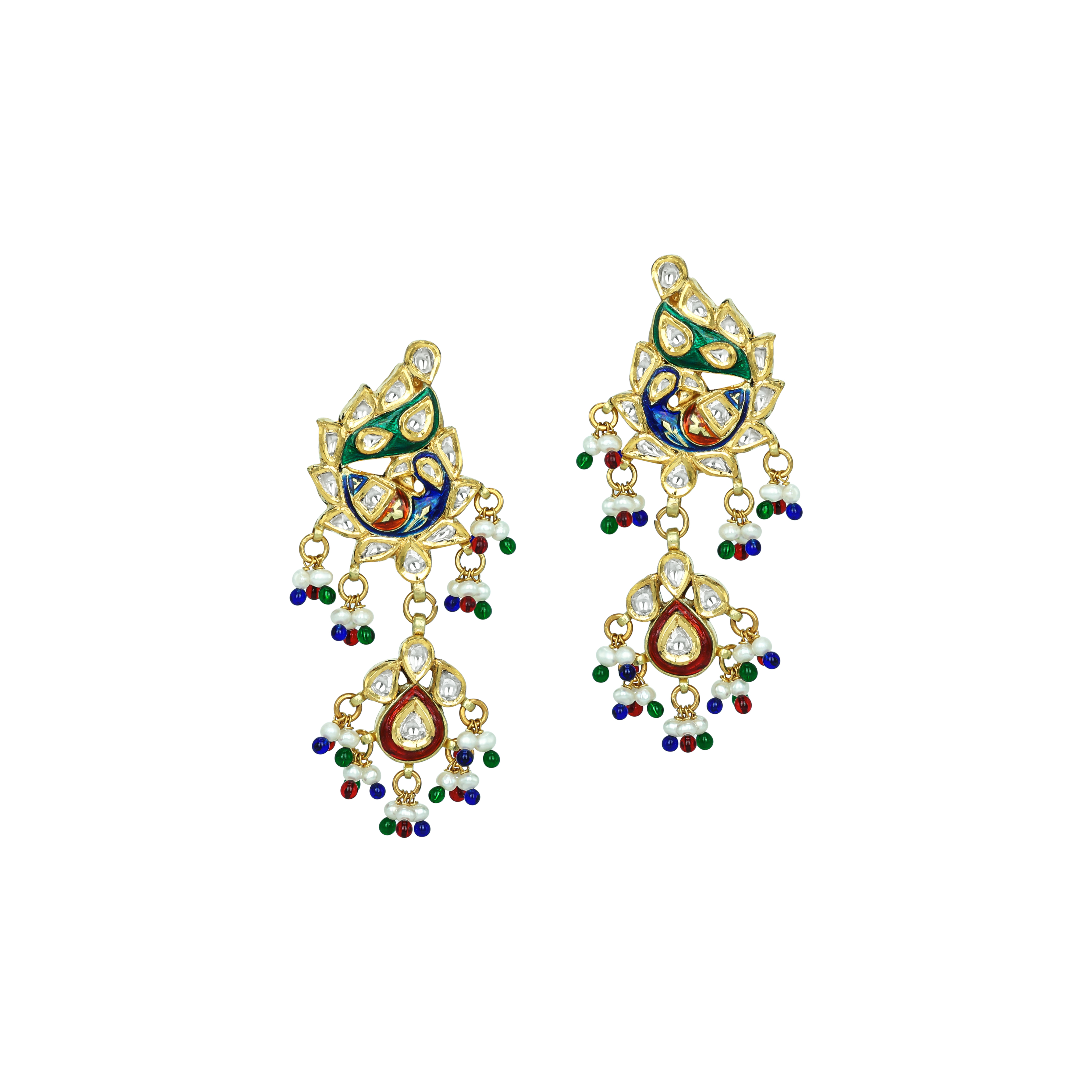Peacock Polki Earrings with Enamel Peacock and Beads