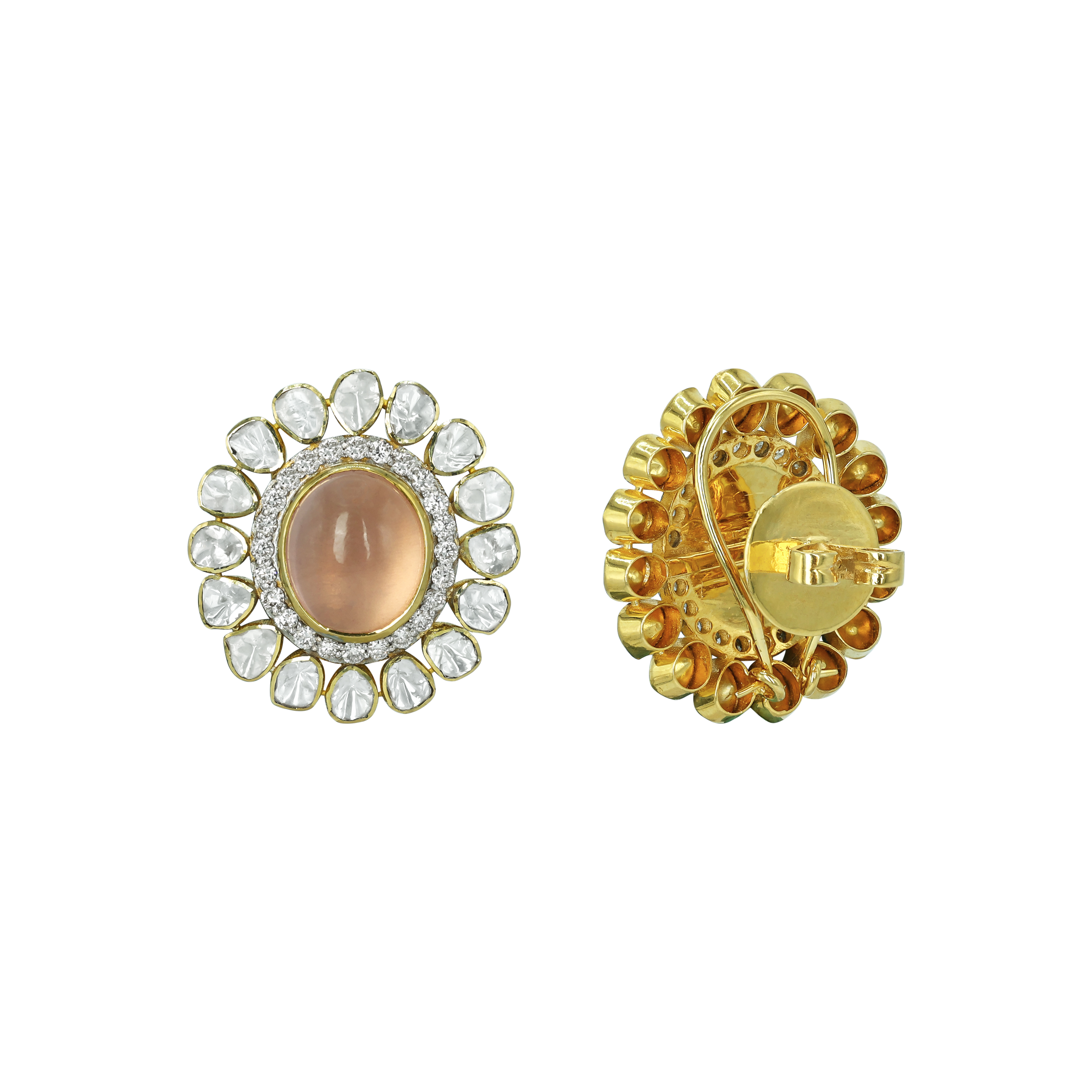 Peach Cabochon Earrings with Open Polki Halo Design