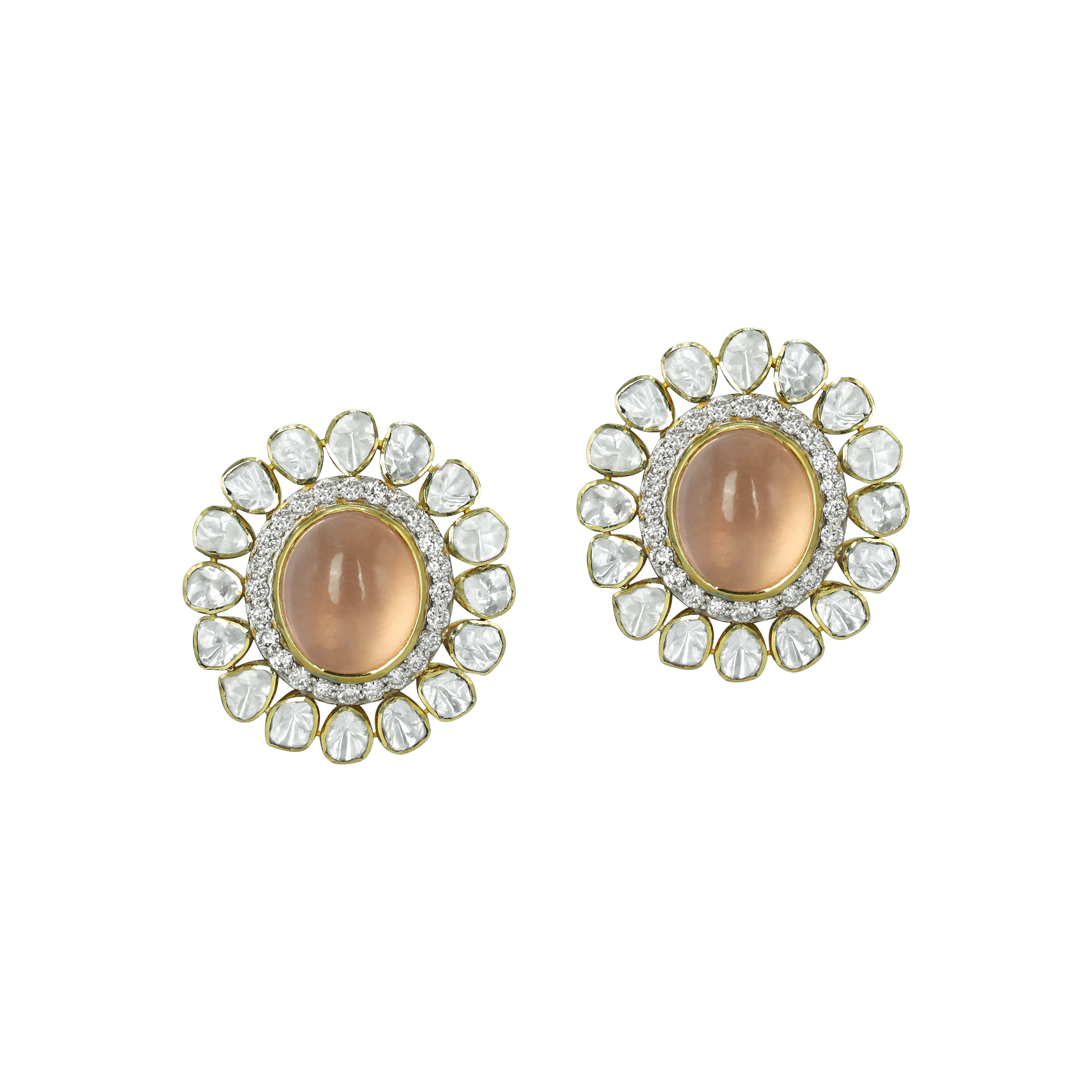 Peach Cabochon Earrings with Open Polki Halo Design
