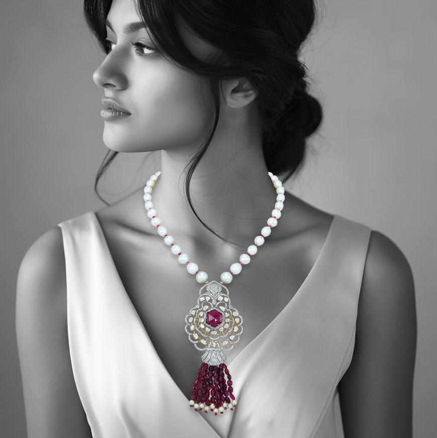 Hexagonal Tourmaline Pendant with Diamond Filigree and Tourmaline Tassels