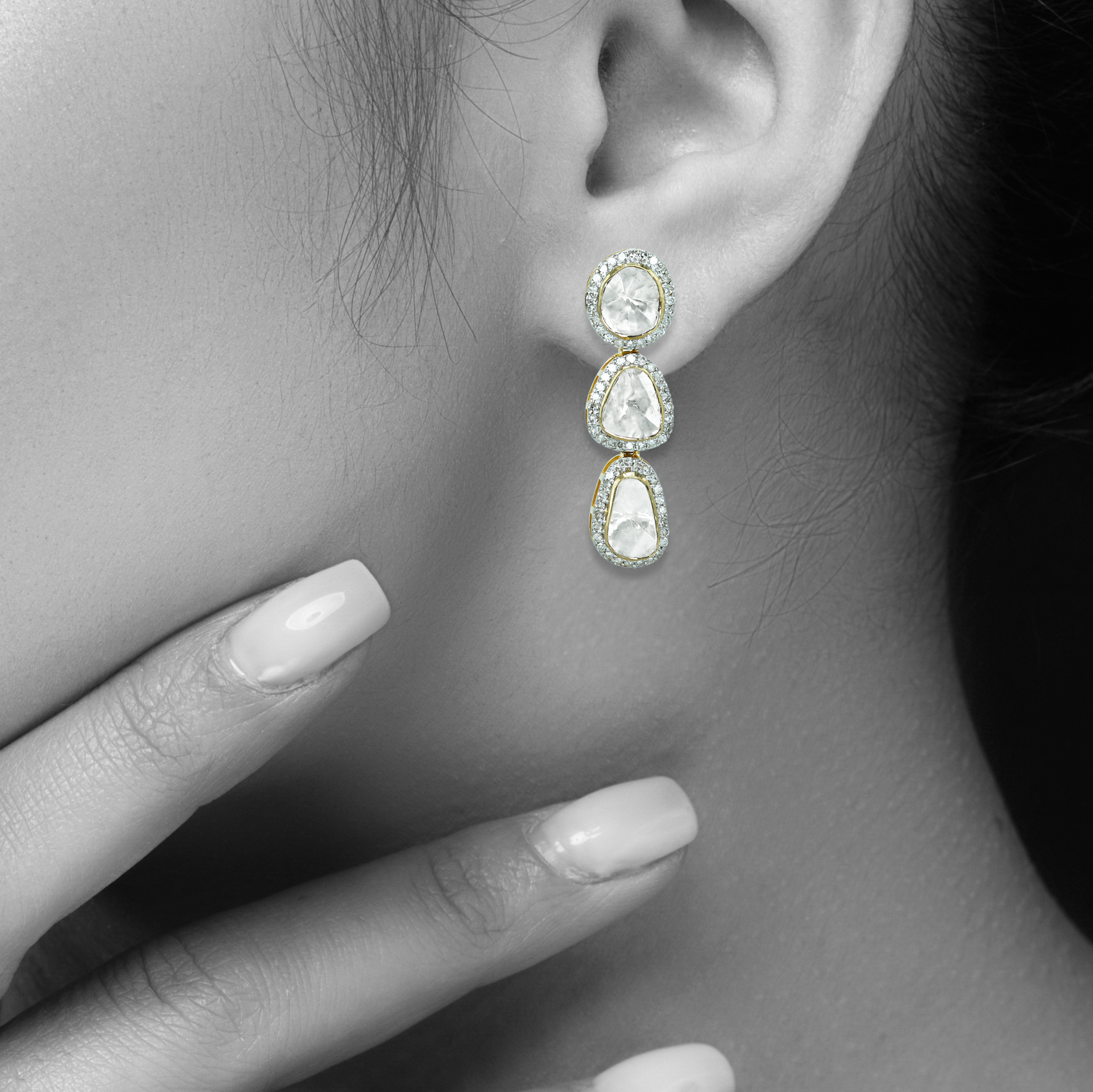 Triple Polki Diamond Drop Earrings with Sparkling Halos