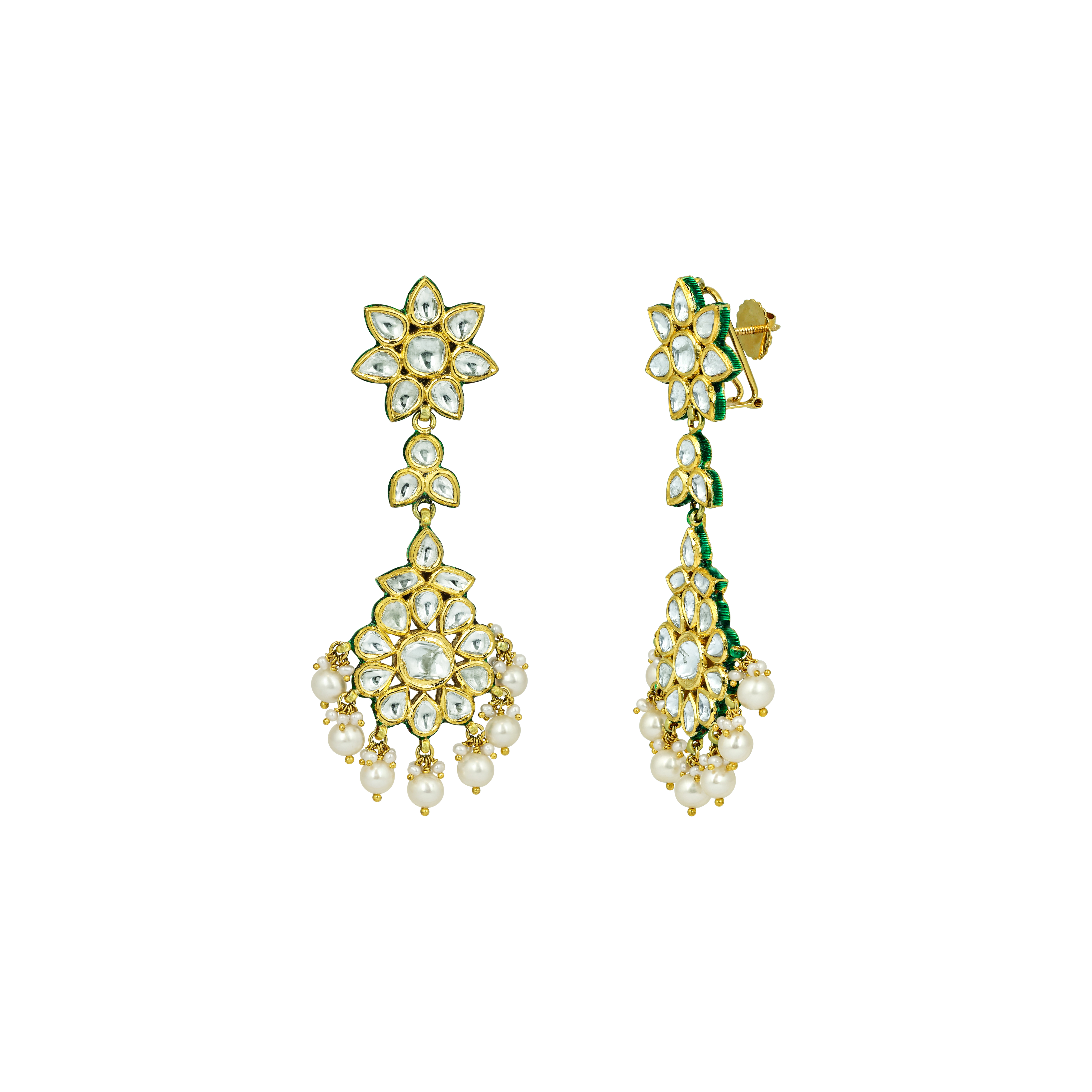 Ivory Floral Polki Earrings with Pearl Clusters