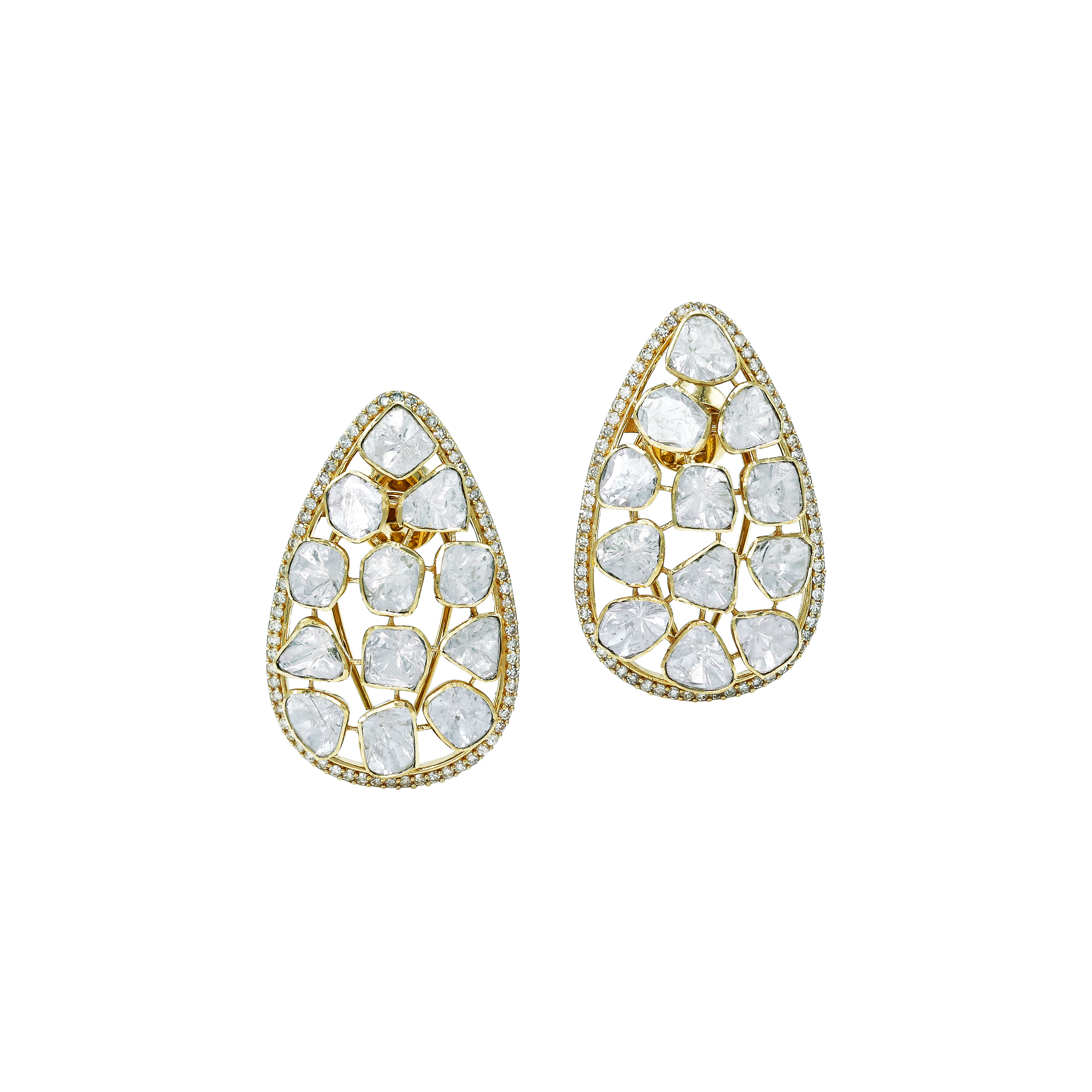Teardrop Polki Earrings with Lattice Design and Diamond Border