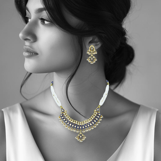 Blue Enamel Teardrop Necklace with Pearls and Fringe Details