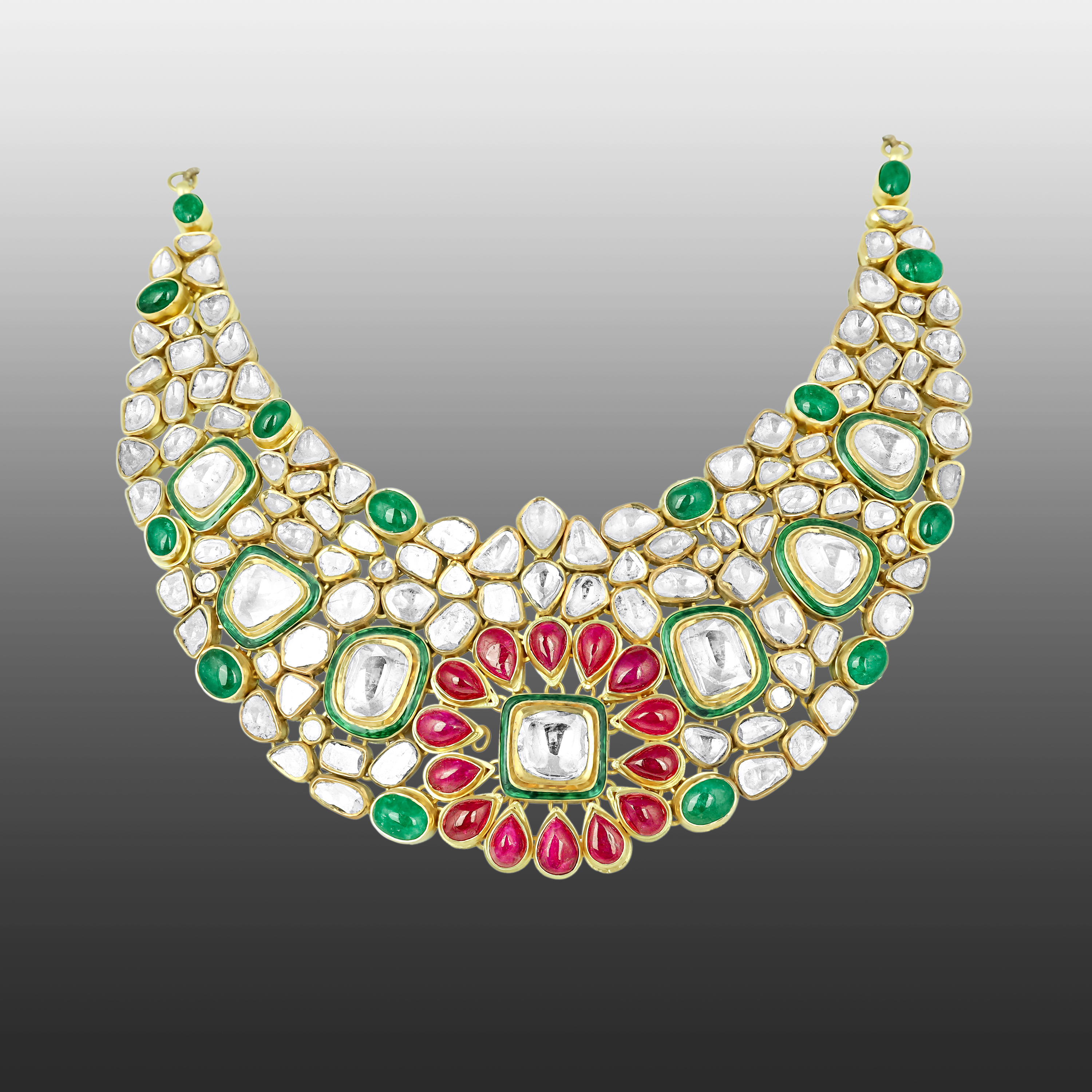Emerald Cabochon Necklace with Polki and Ruby Floral Motif