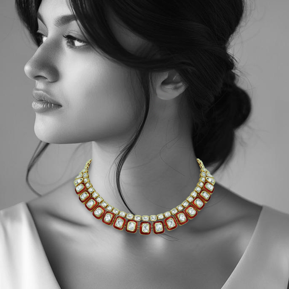 Square and Rectangular Polki Necklace with Red Enamel