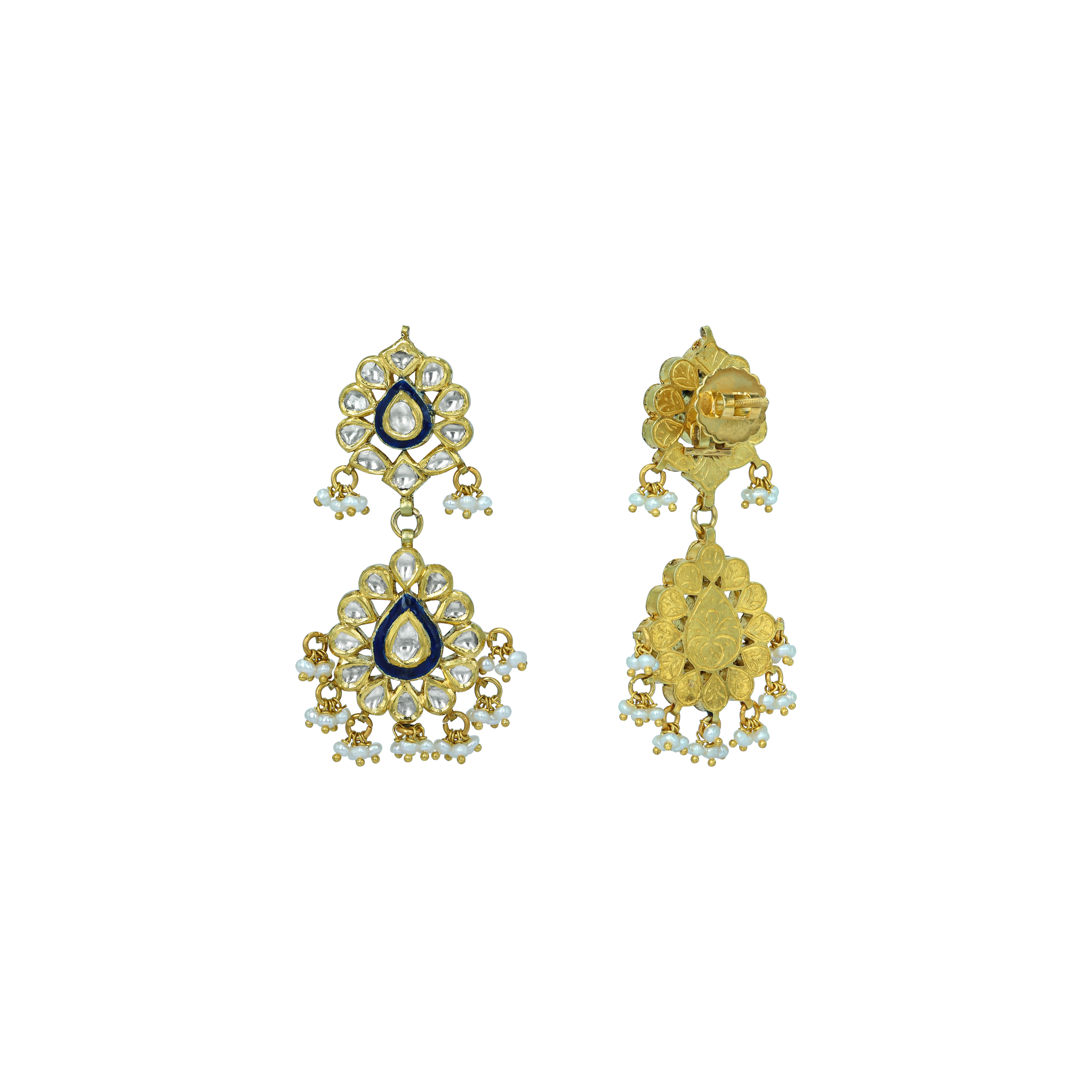 Double-Tier Floral Polki Earrings with Blue Enamel and Drops