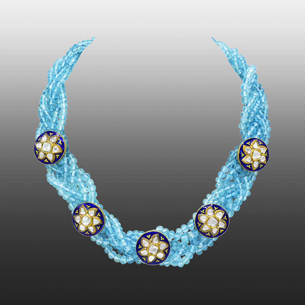 Blue Bead Necklace with Star Meena Buttons and Polki