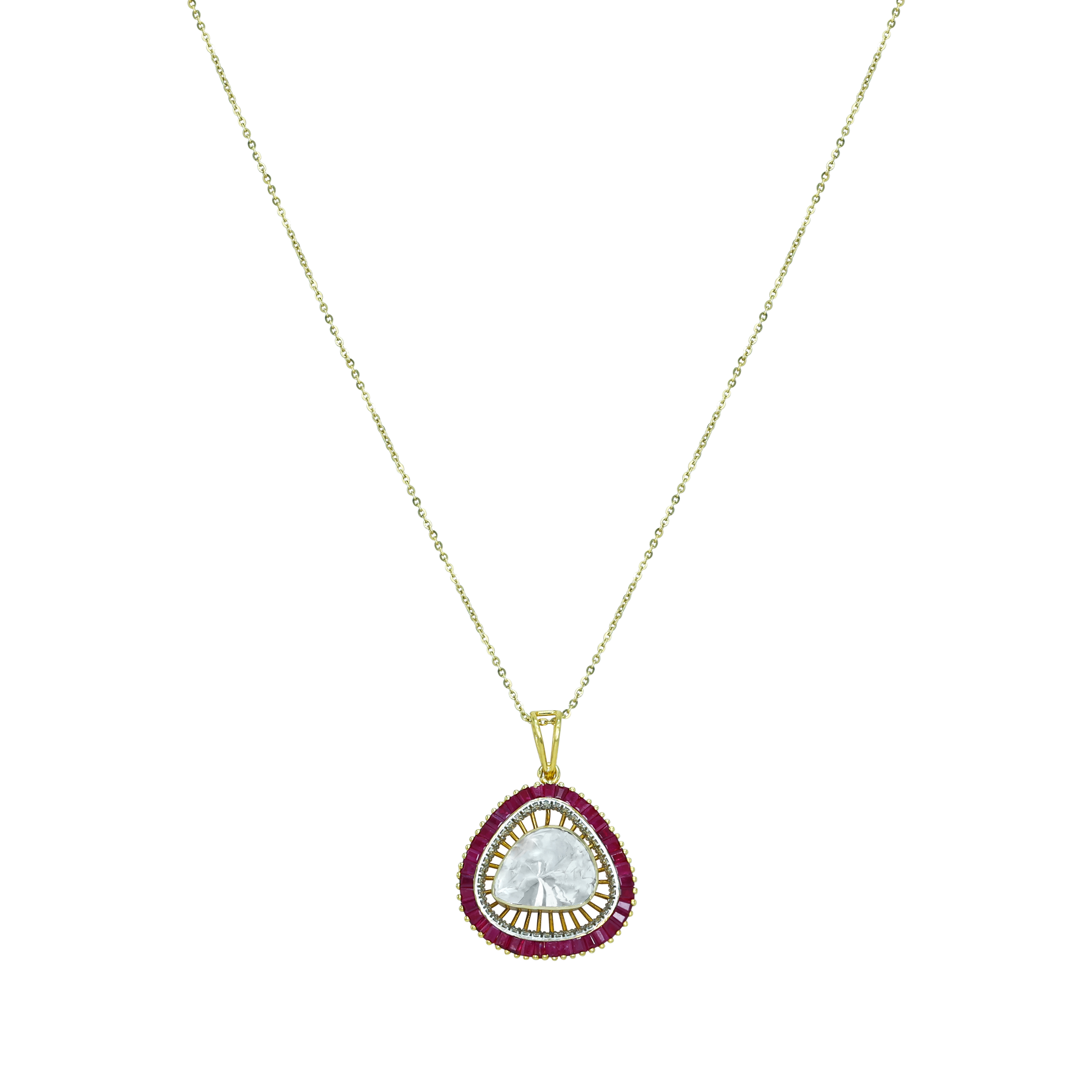 Pear-Shaped Polki Pendant with Red Ruby Baguettes