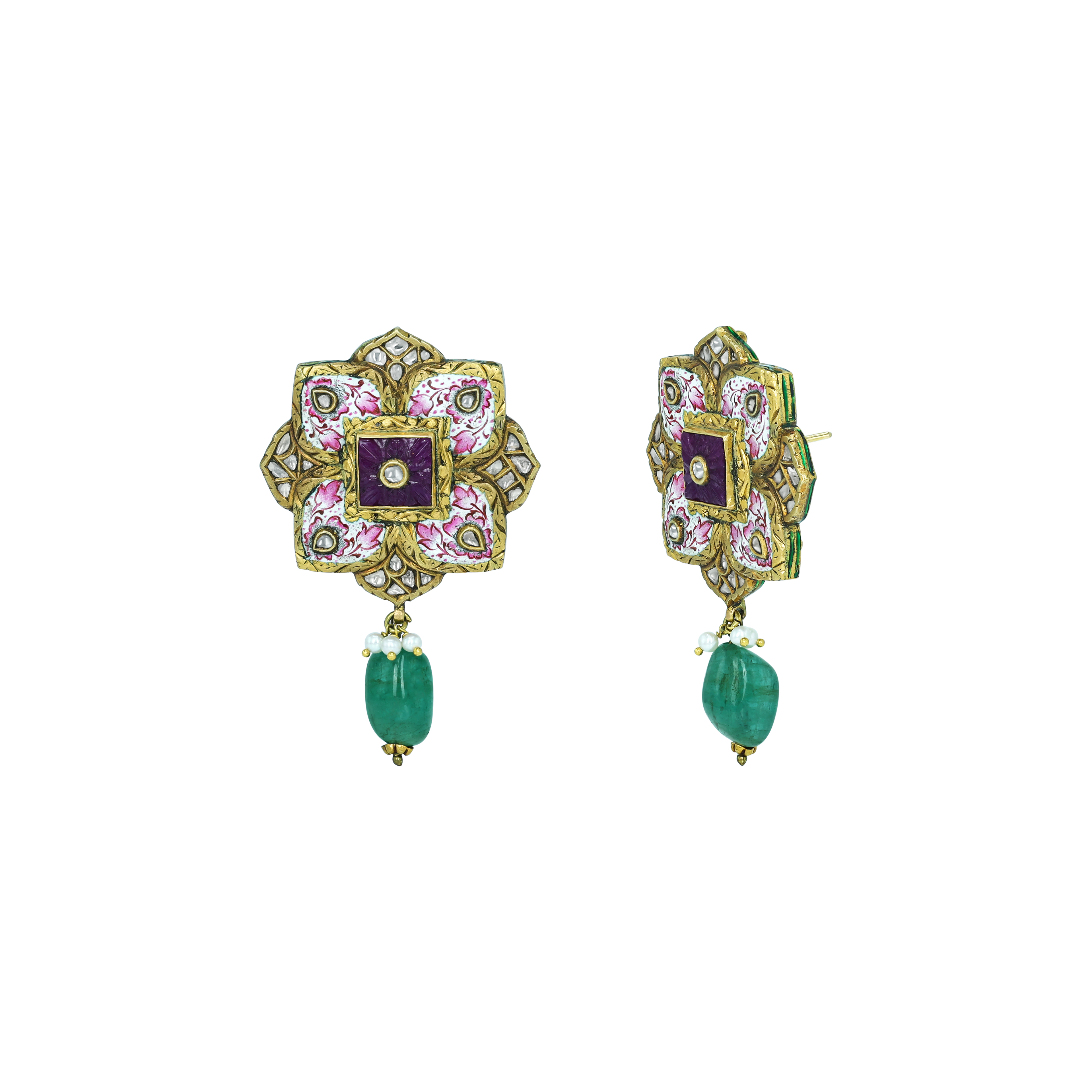 Floral Enamel Earrings with Polki and Emerald Drop