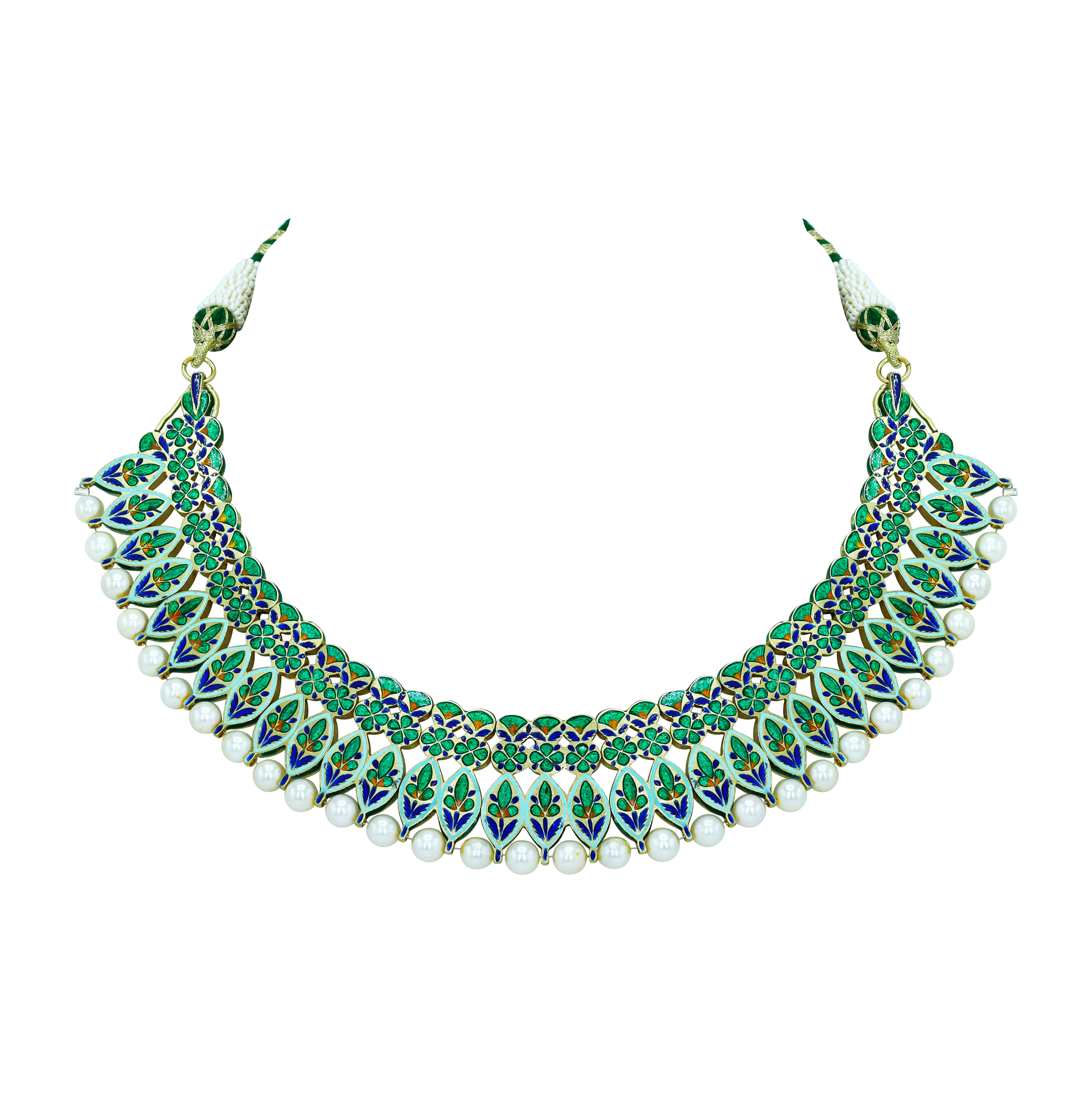 Polki Diamond Necklace with Green Enamel and Pearls