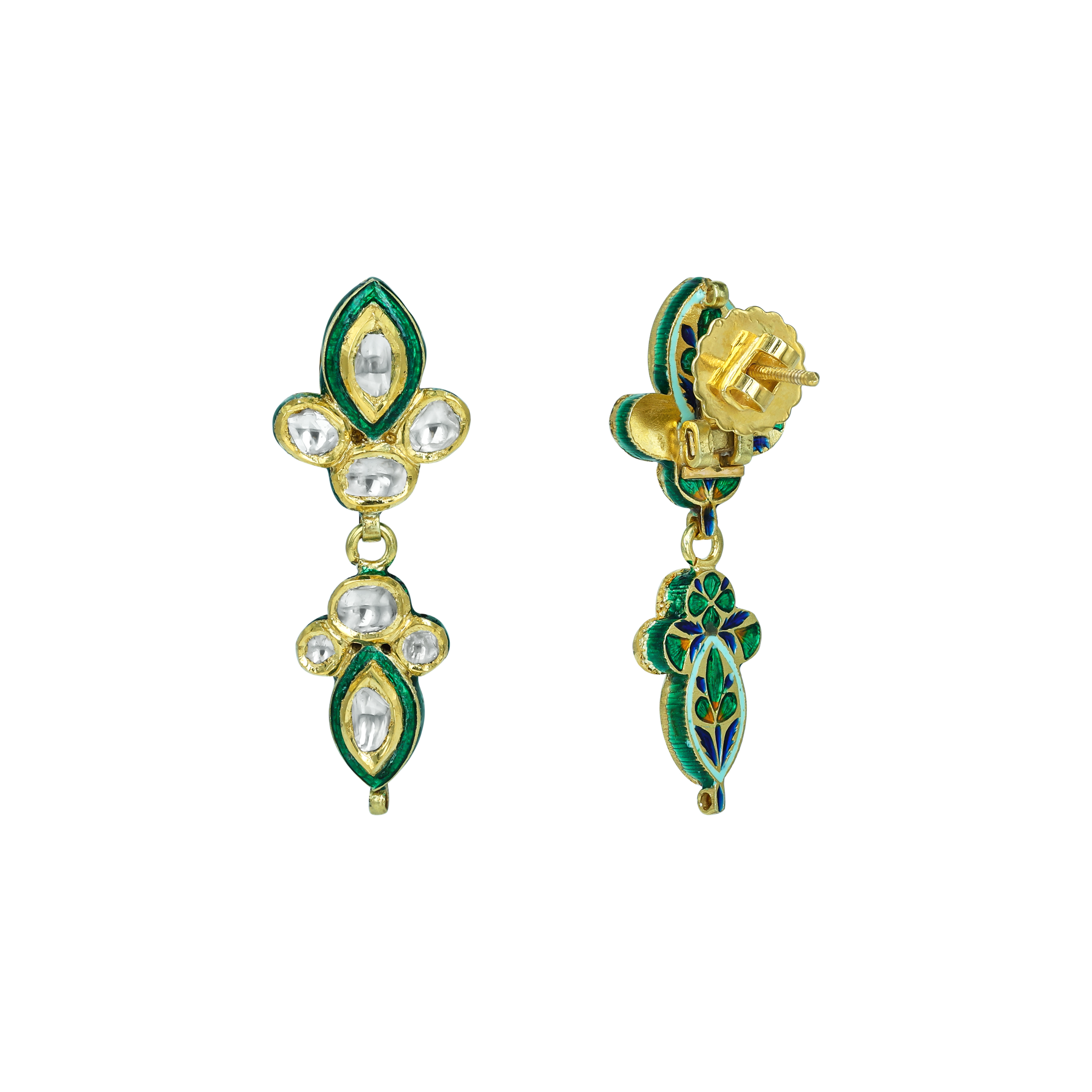 Polki Earrings with Intricate Green Enamel