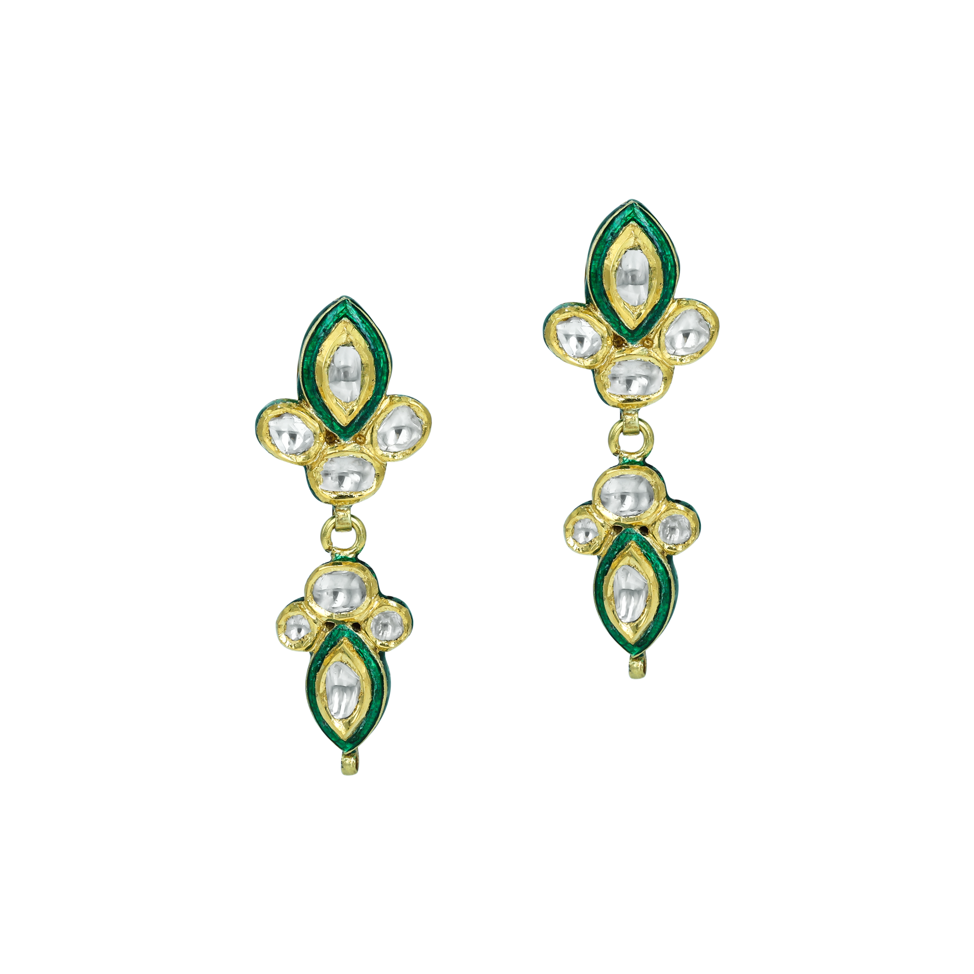 Polki Earrings with Intricate Green Enamel