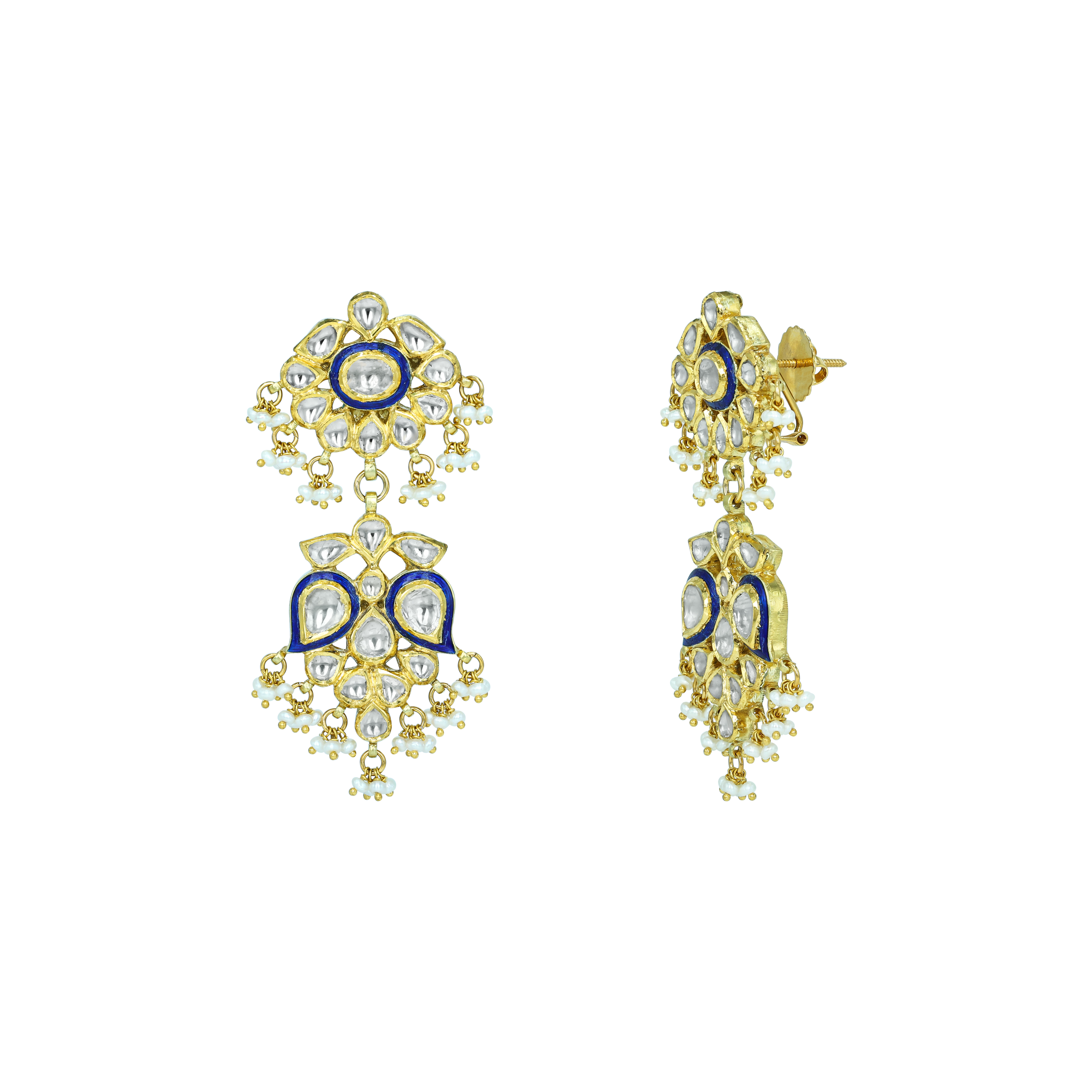 Polki Earrings with Blue Enamel and Cascading Pearls
