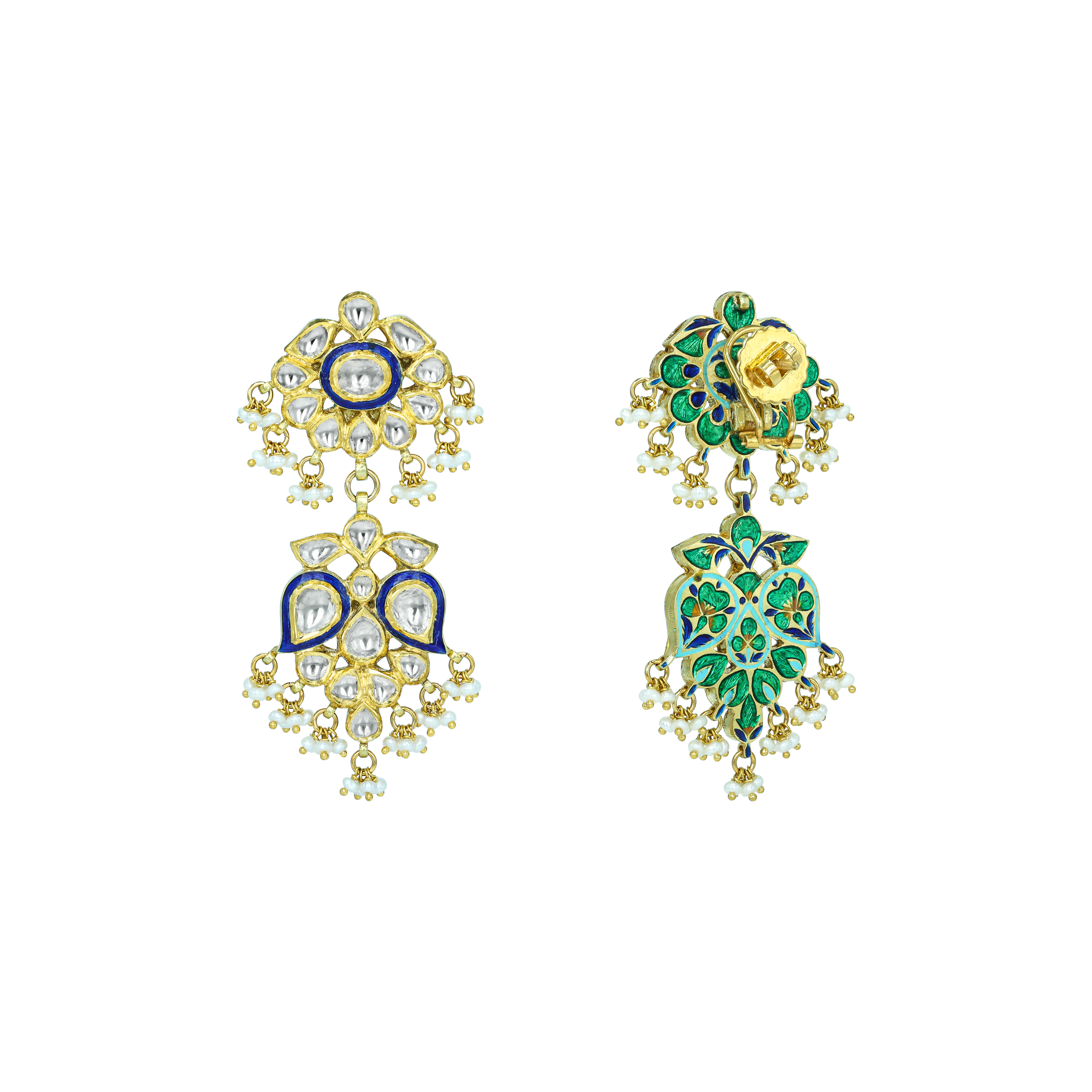 Polki Earrings with Blue Enamel and Cascading Pearls
