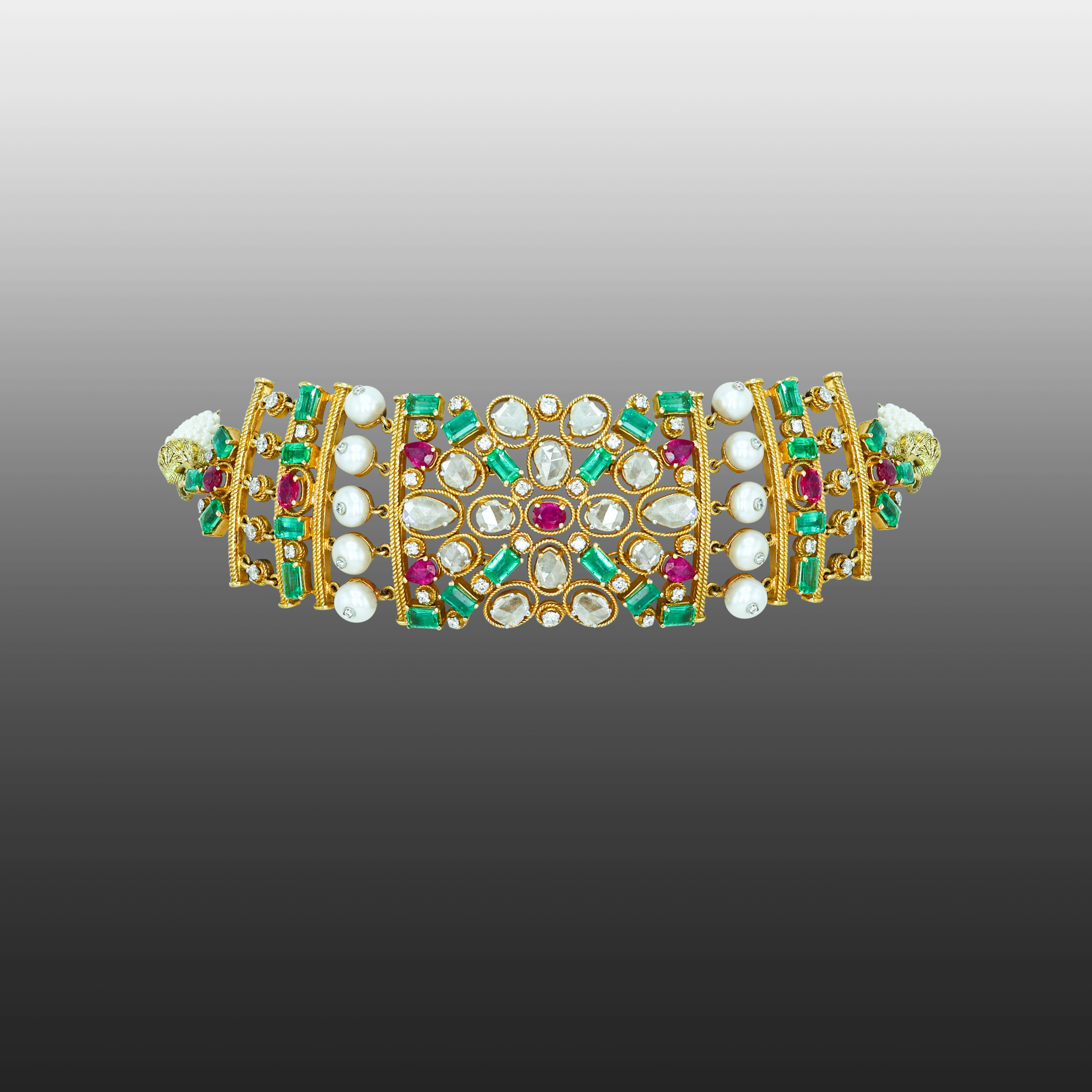 Polki Choker with Emerald Colour stone, Rubies, and Pearls