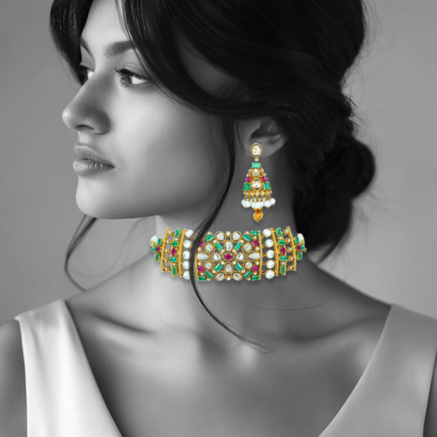 Polki Choker with Emerald Colour stone, Rubies, and Pearls