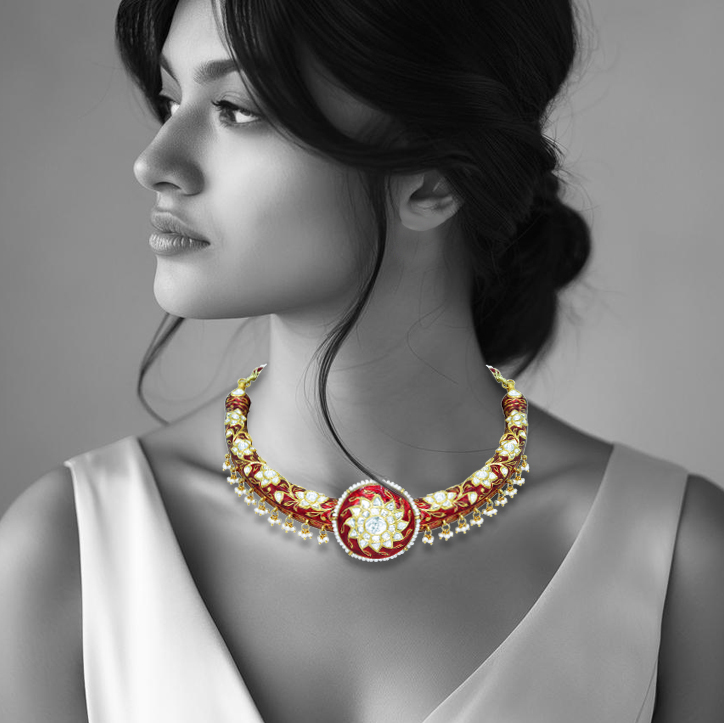 Regal Polki Hasli Necklace with Red Enamel and Pearl Beads