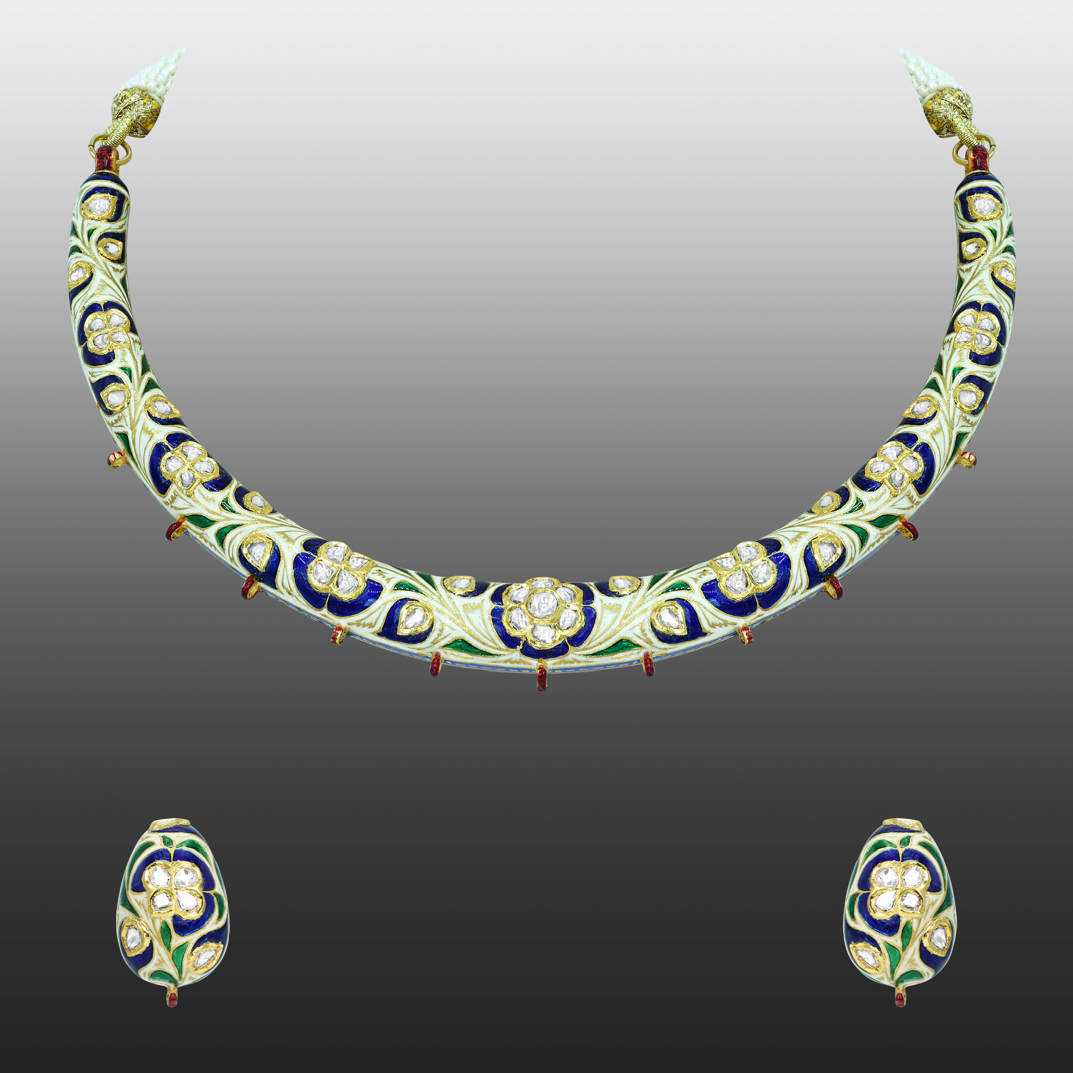 Blue Enamel Hasli Necklace Set with Polkis and Green Accents