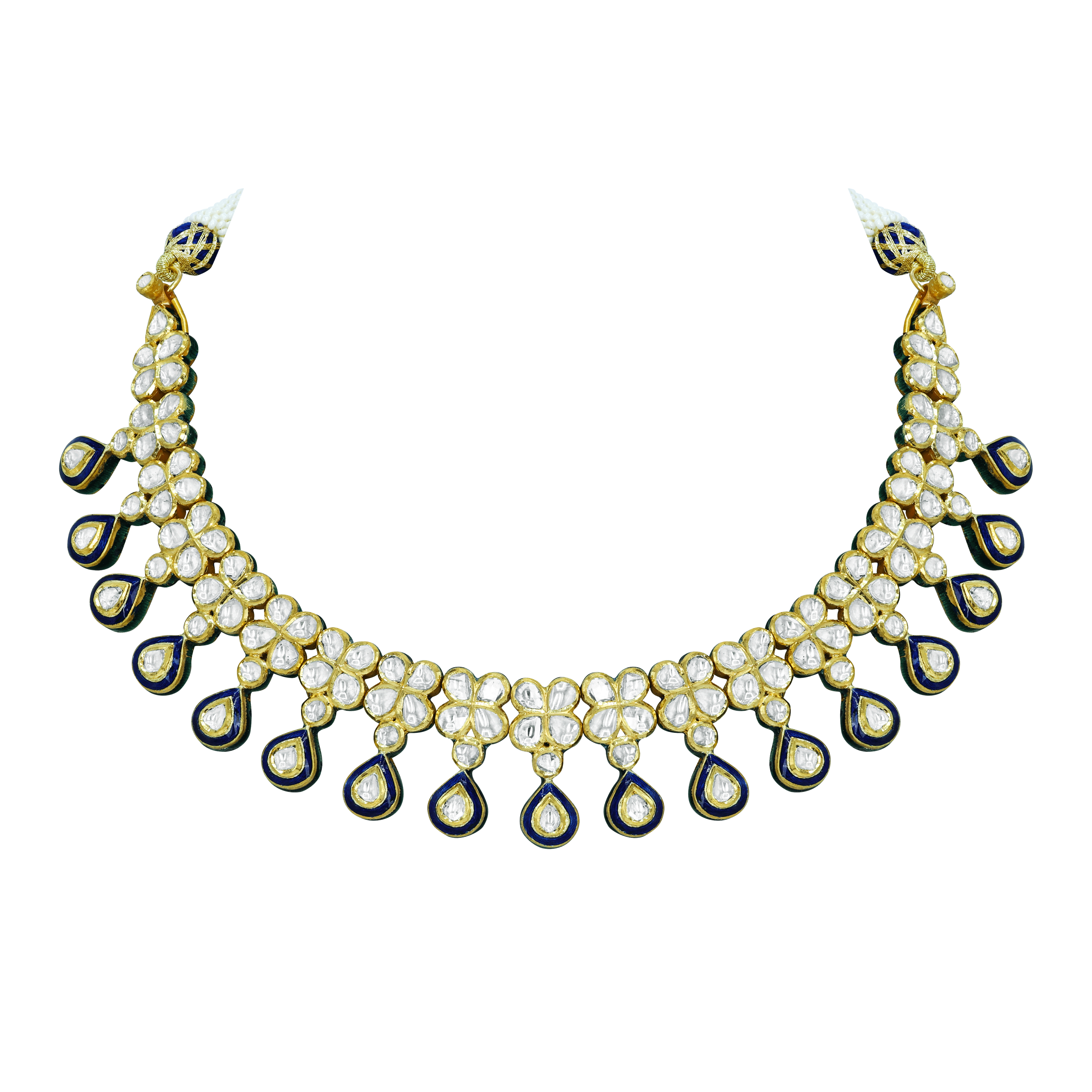 Polki Necklace with Blue Enamel and Drop Detailing