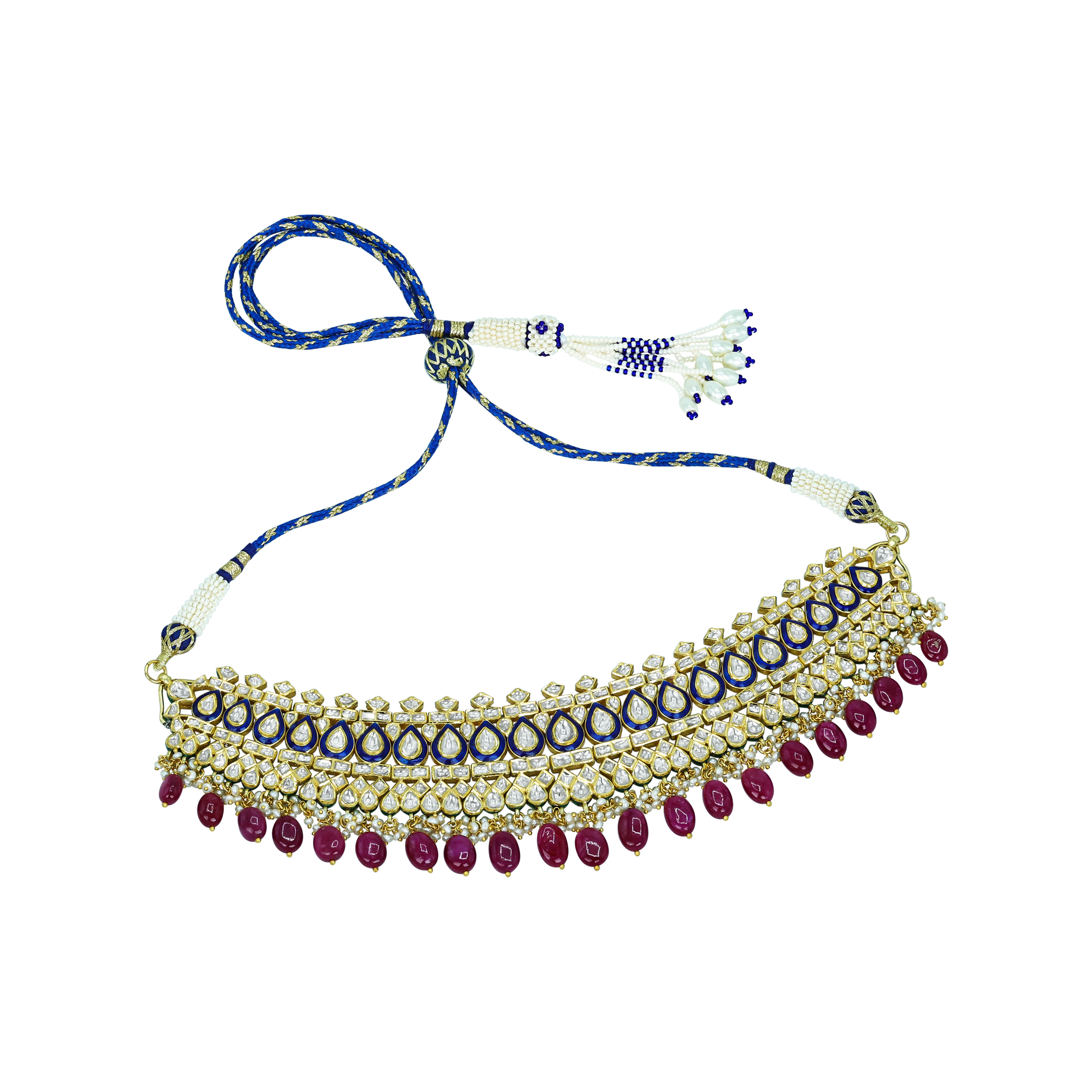 Regal Polki Choker with Blue Enamel and Ruby Tumbles