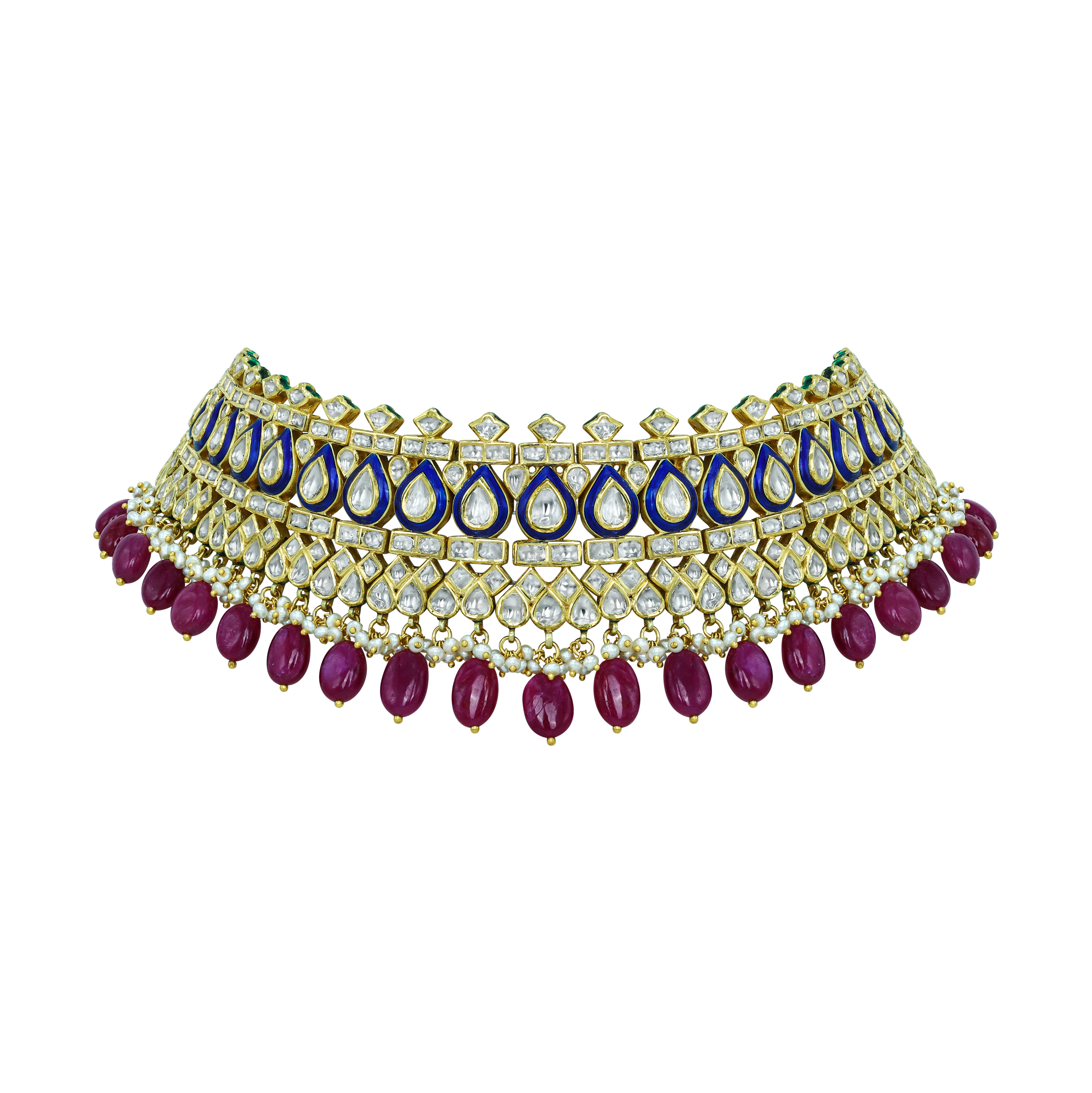 Regal Polki Choker with Blue Enamel and Ruby Tumbles