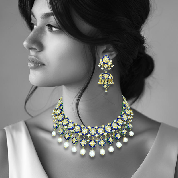 Pearl-Draped Polki Necklace with Blue Enamel Floral Motifs