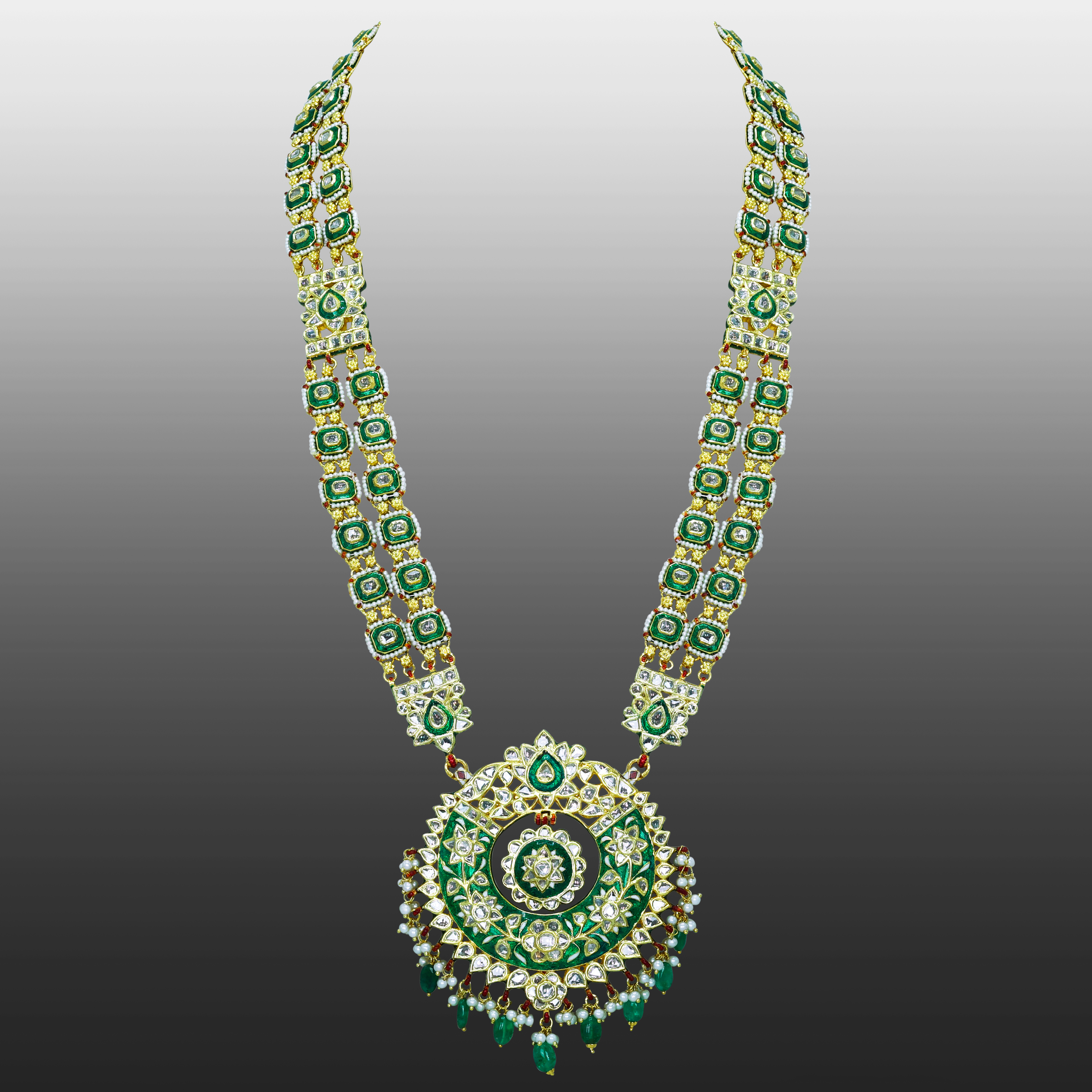 Green Enamel Polki Pendant with Emerald and Pearls