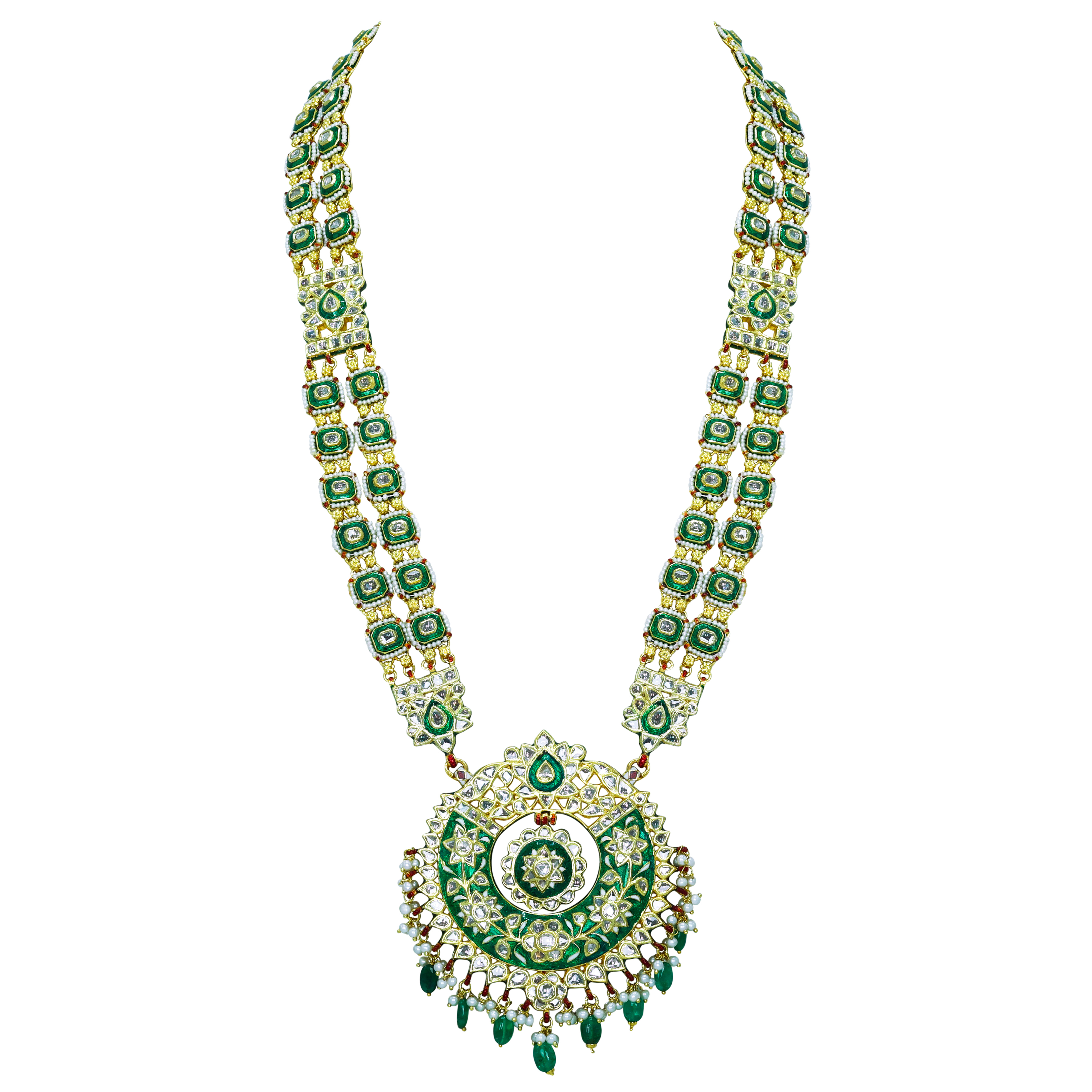 Green Enamel Polki Pendant with Emerald and Pearls
