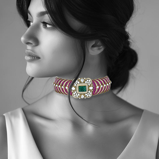 Emerald Ruby Antique Choker with Polki Open Setting