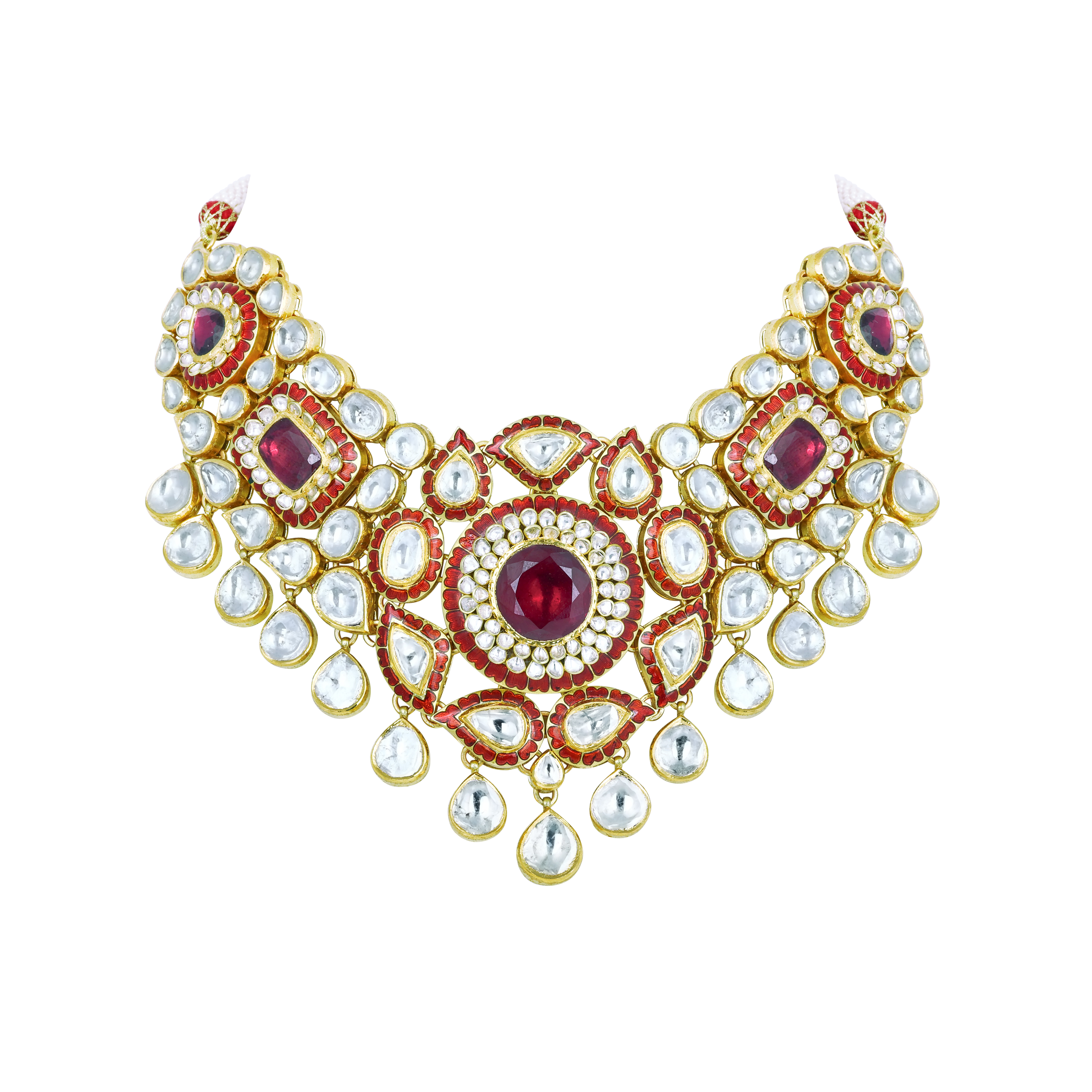 Rhodolite Polki Choker with Red Enamel and Dangling Pear Drops