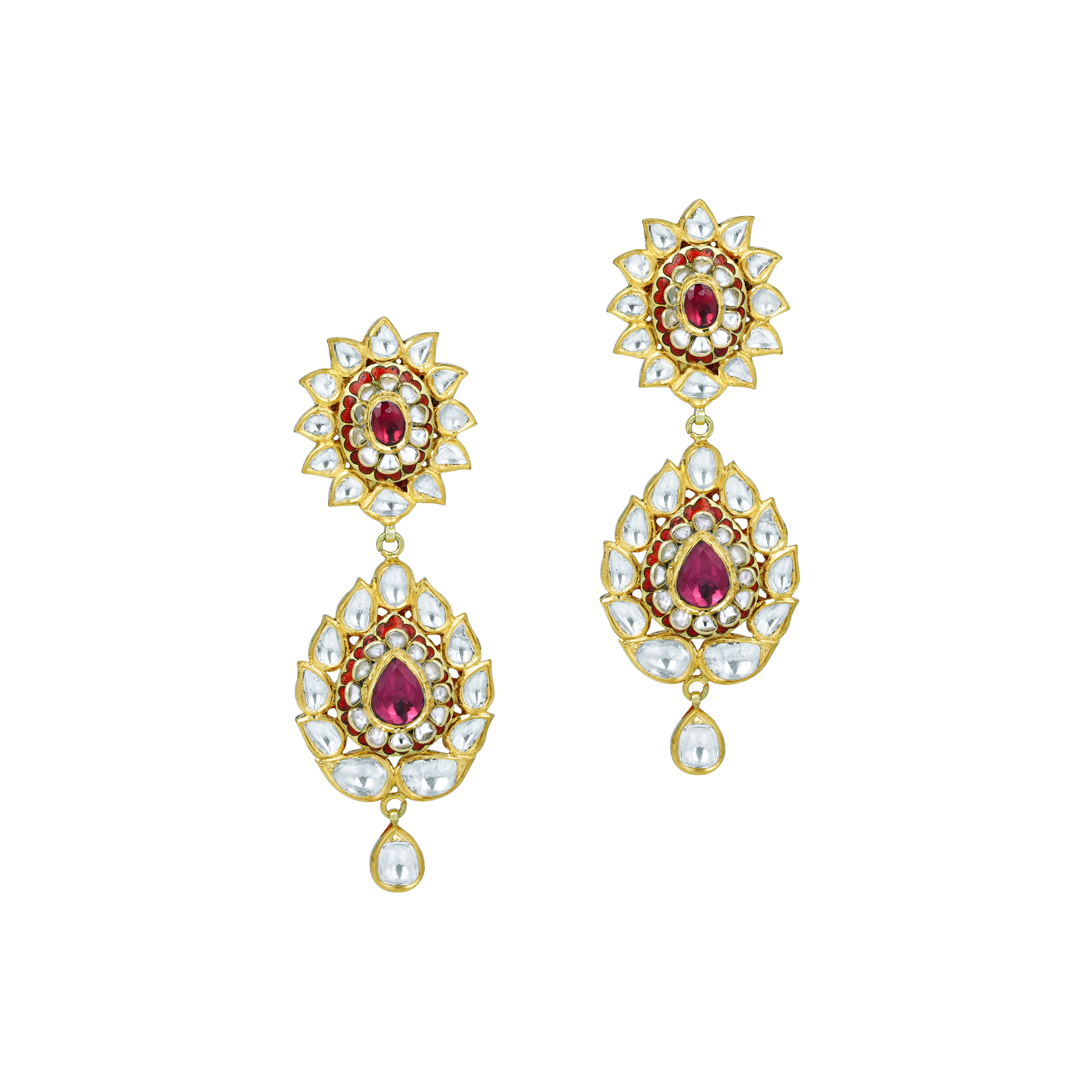 Floral Polki Earrings with Rhodolite and Red Enamel