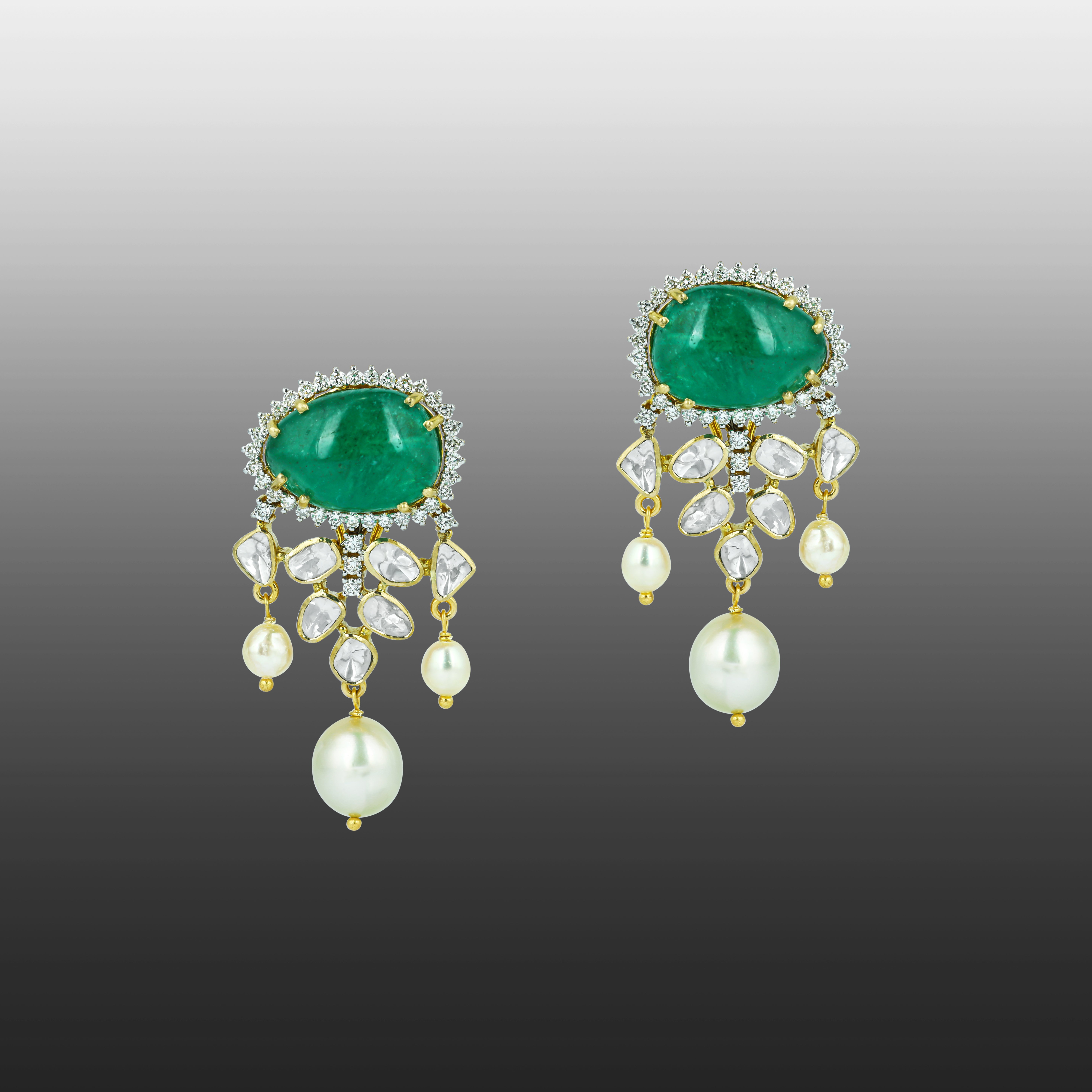 Emerald Earrings with Diamond Halo and Southsea Pearl Drops
