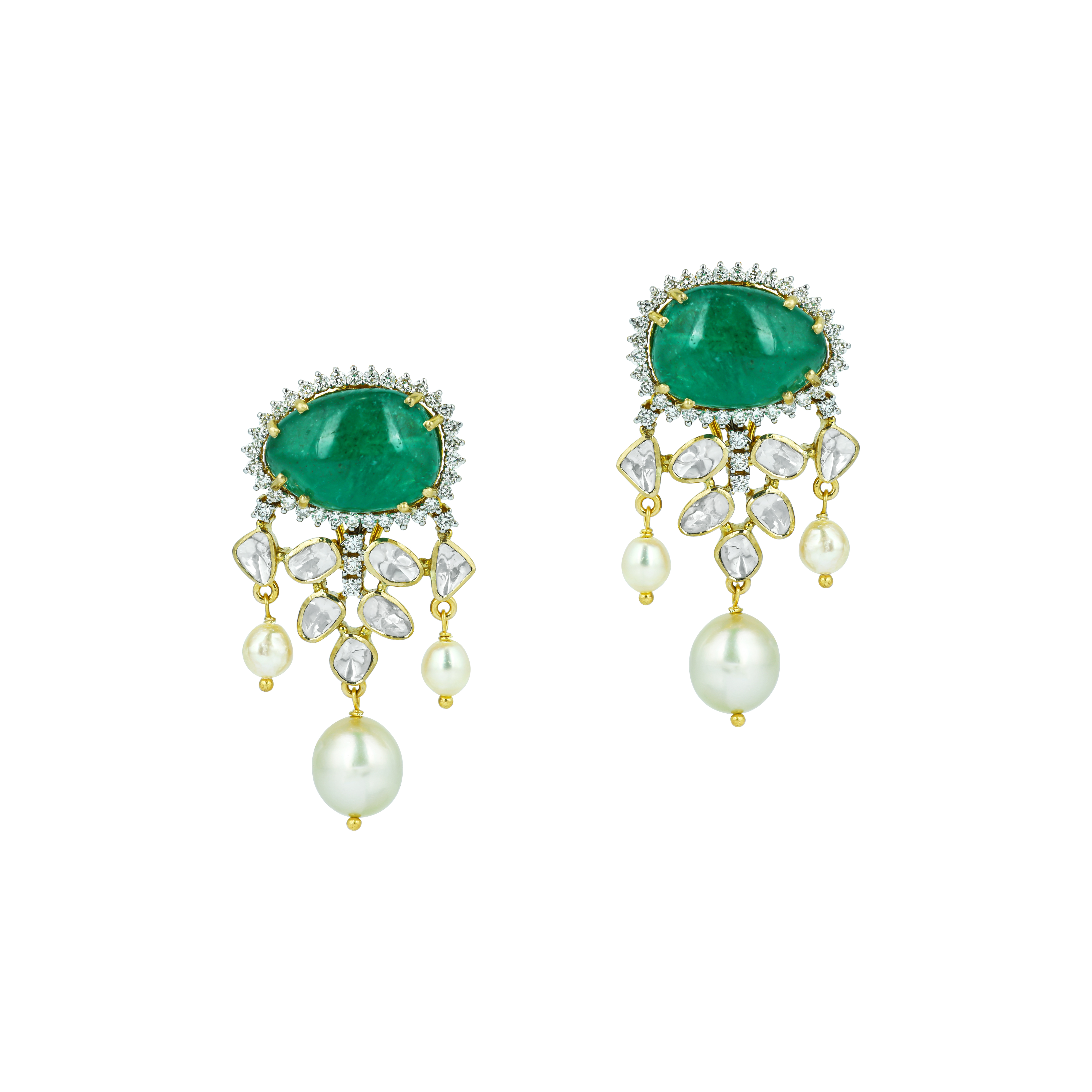 Emerald Earrings with Diamond Halo and Southsea Pearl Drops