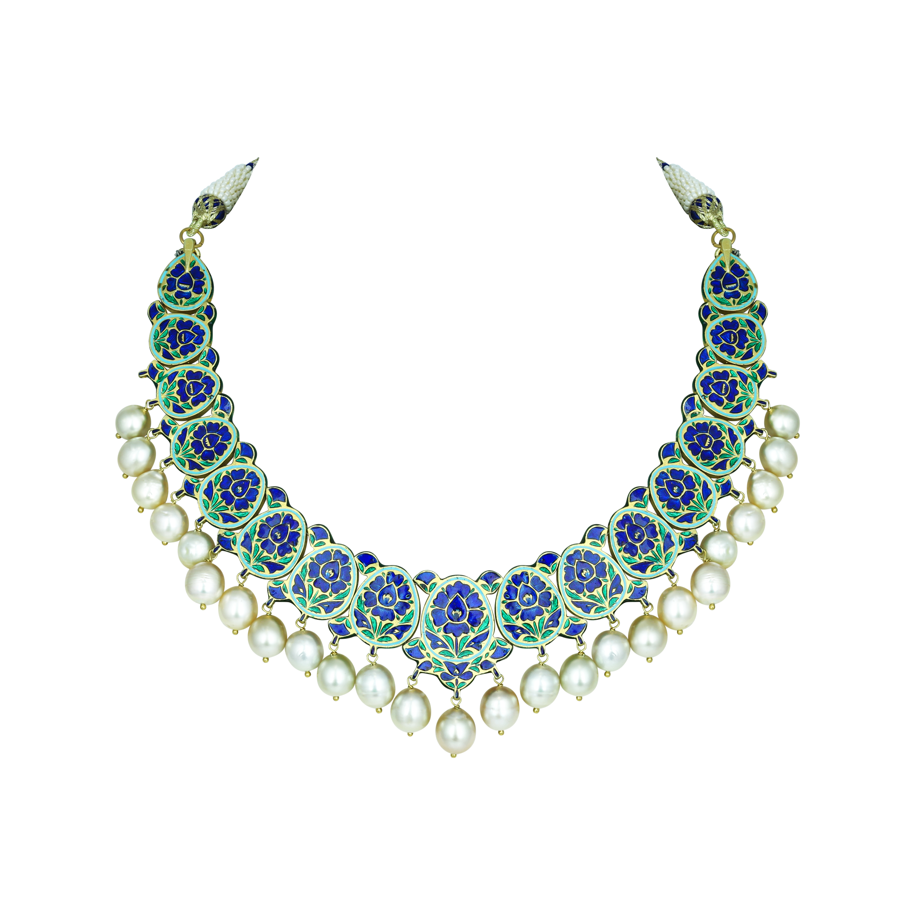 Blue Enamel Polki Necklace with Southsea Pearl Elegance