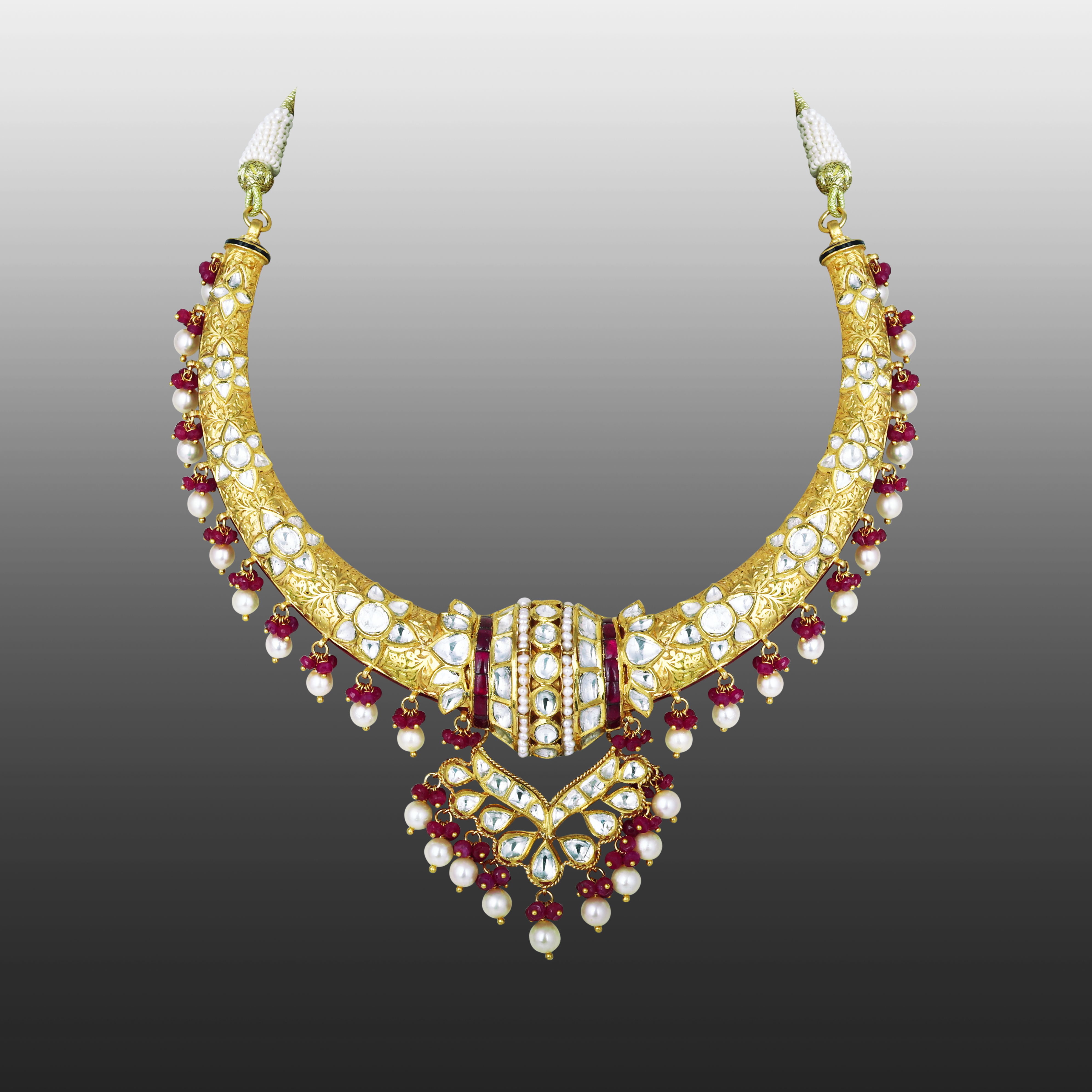 Hasli Necklace with Polki, Ruby Beads, and Pearls