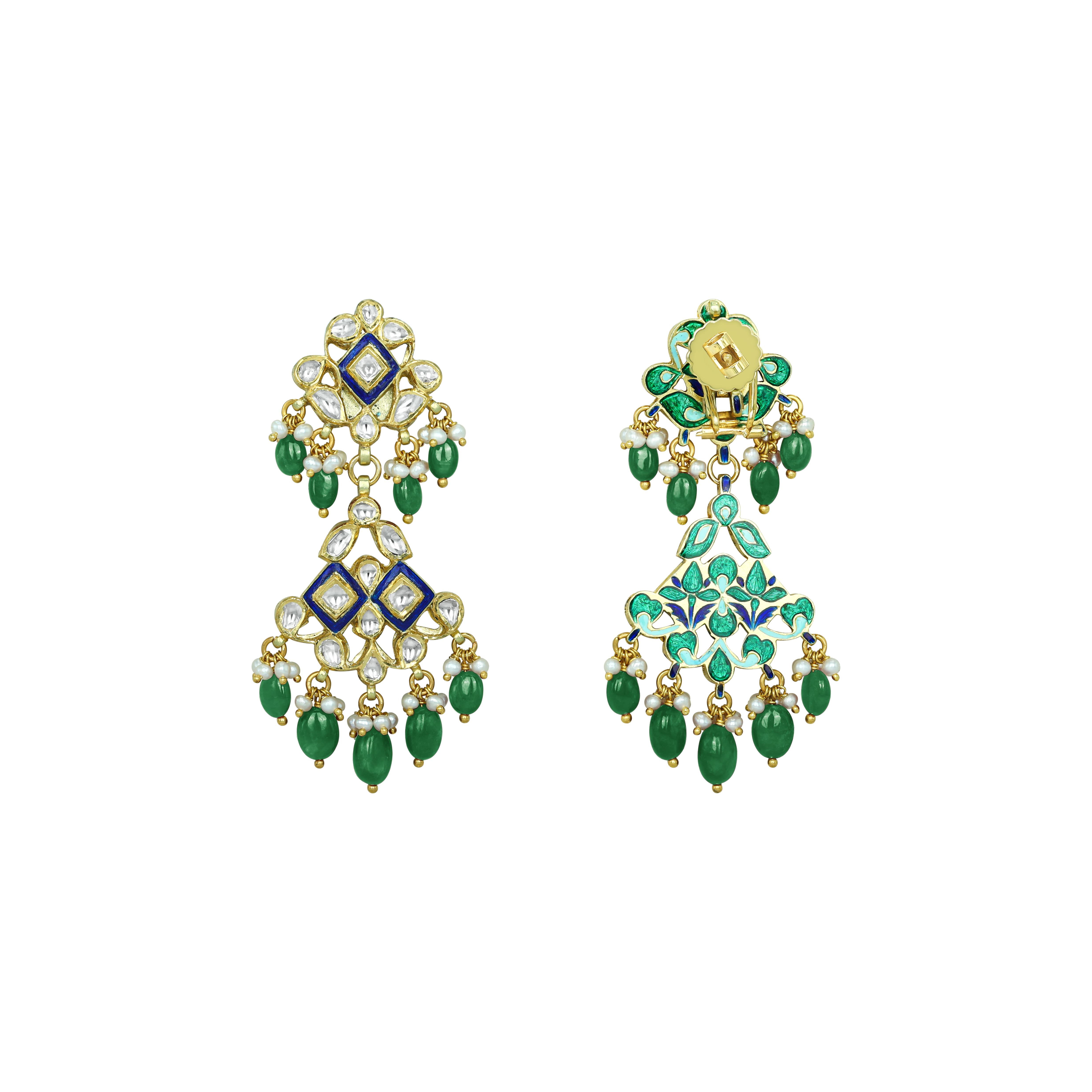 Blue Enamel Polki Earrings with Emerald Maniyas and Pearl Clusters