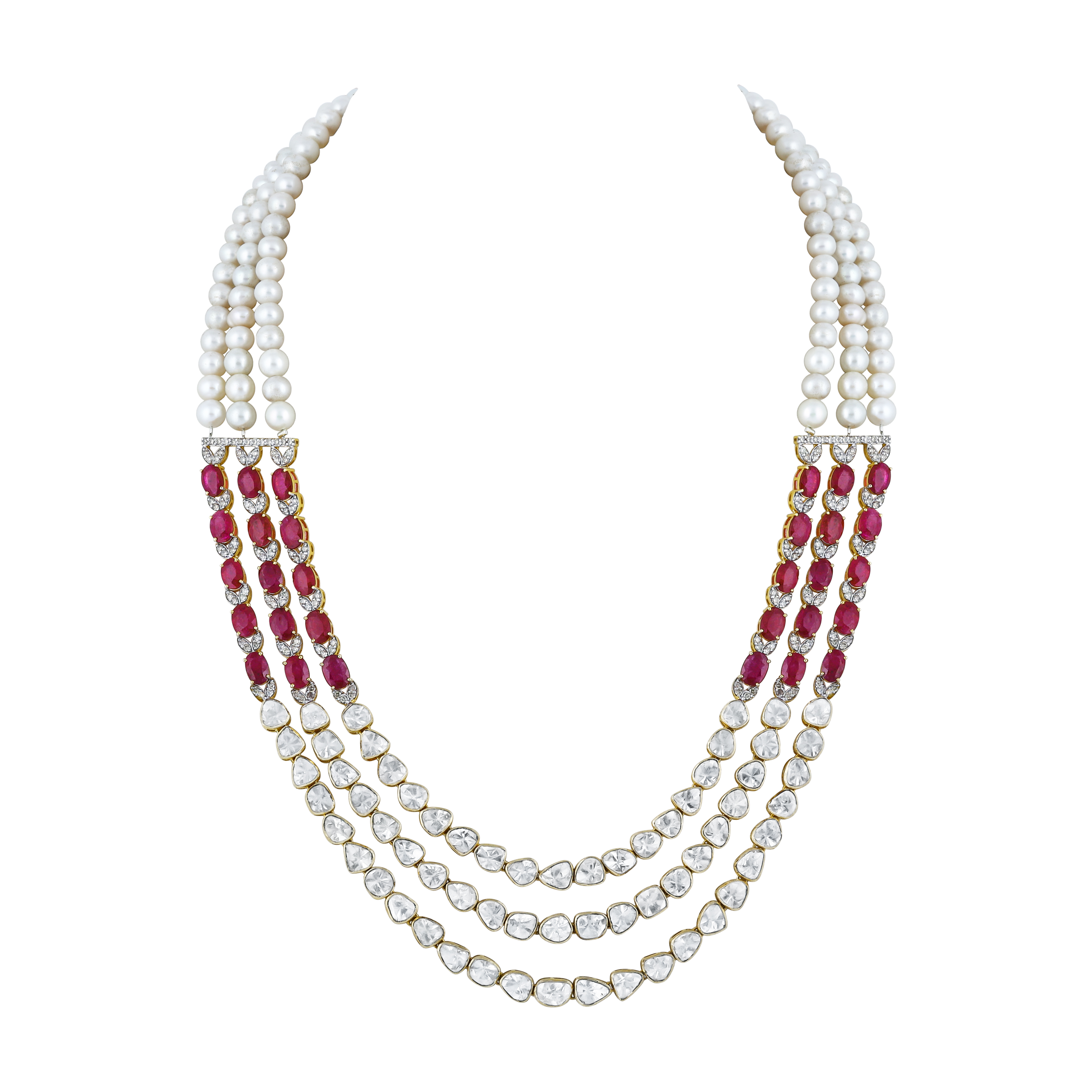 Three-Layer Polki Necklace with Rubies and Pearl Strings