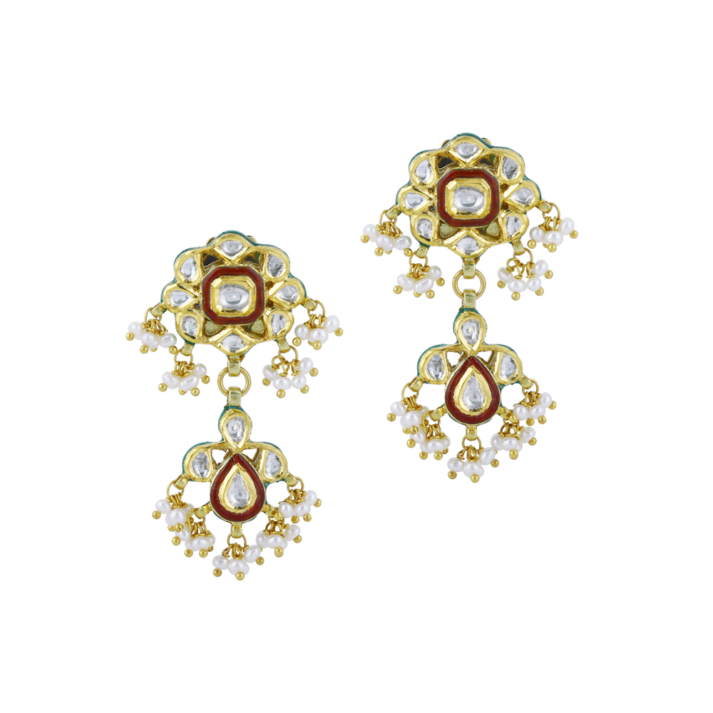 Polki Earrings with Red Enamel and Delicate Pearl Clusters